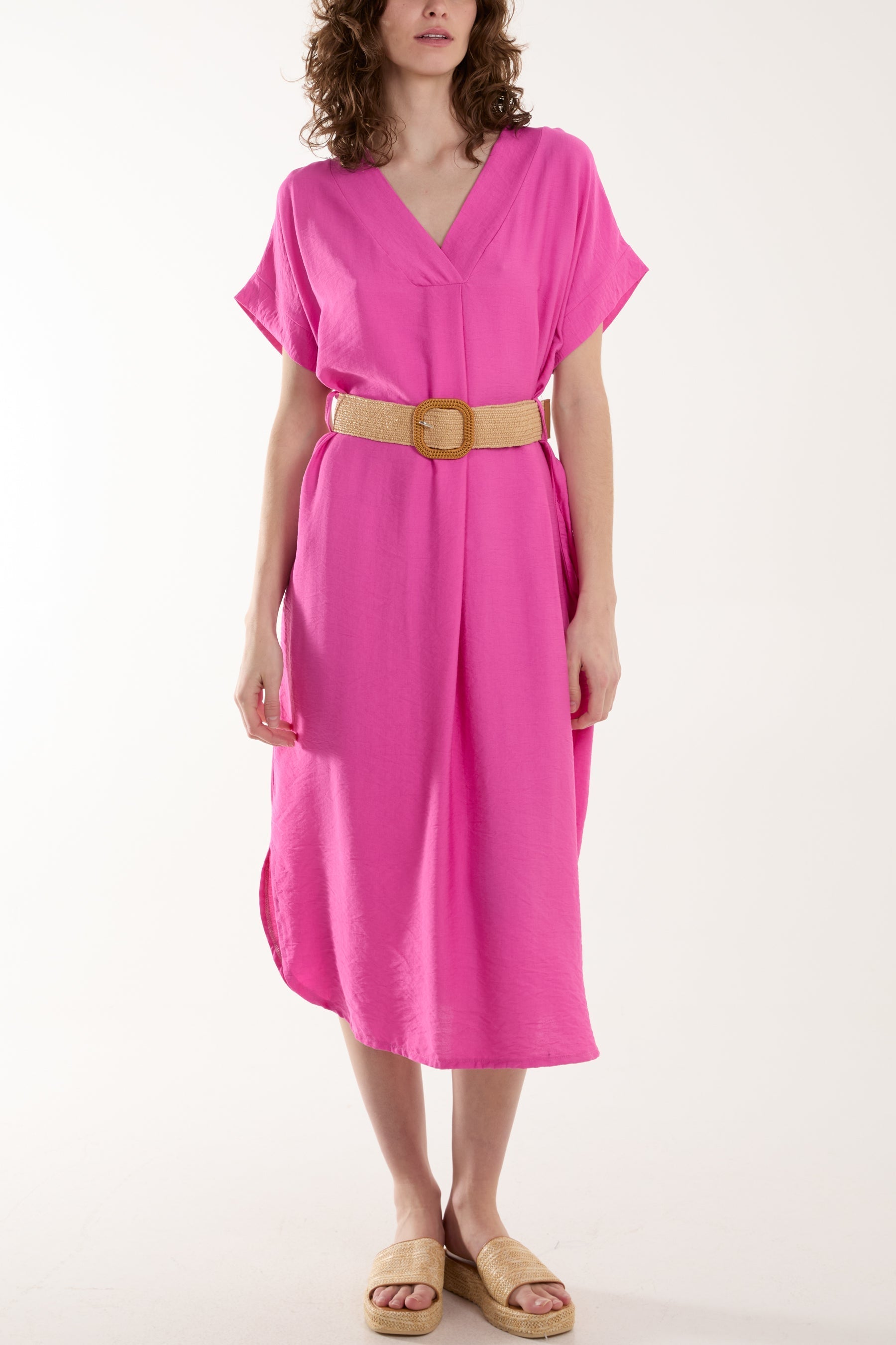 Black Belted V-Neck Short Sleeve Midi Dress For Women ONE SIZE - Dropwear