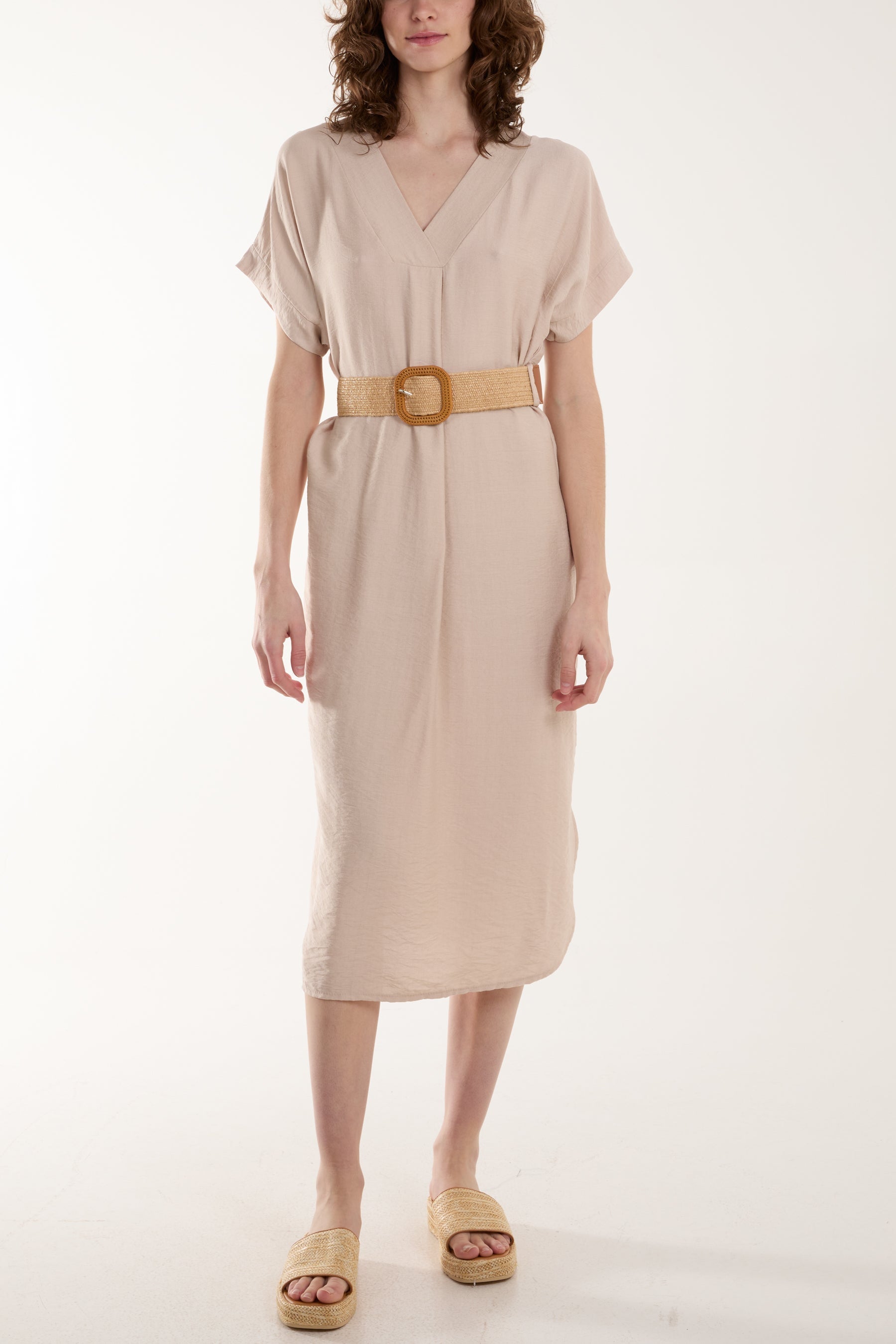 Blush Belted V-Neck Short Sleeve Midi Dress For Women ONE SIZE - Dropwear
