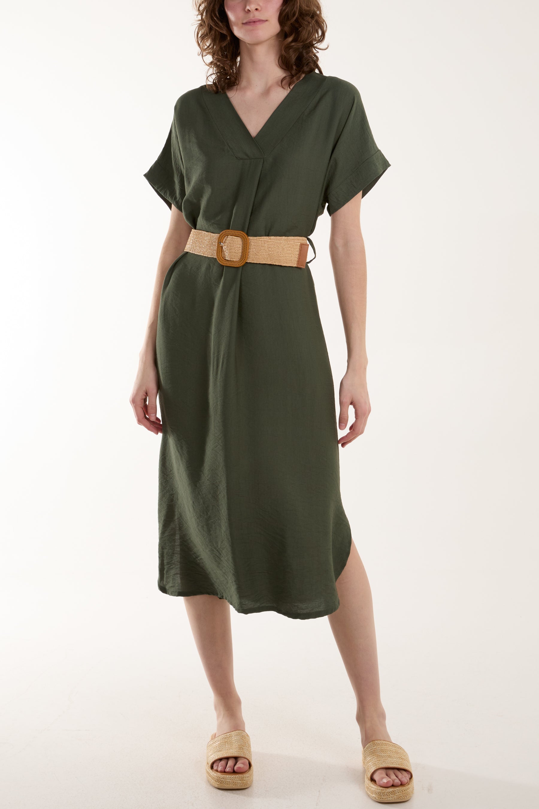 Belted V-Neck Short Sleeve Midi Dress For Women  - Dropwear