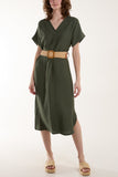 Belted V-Neck Short Sleeve Midi Dress For Women  - Dropwear