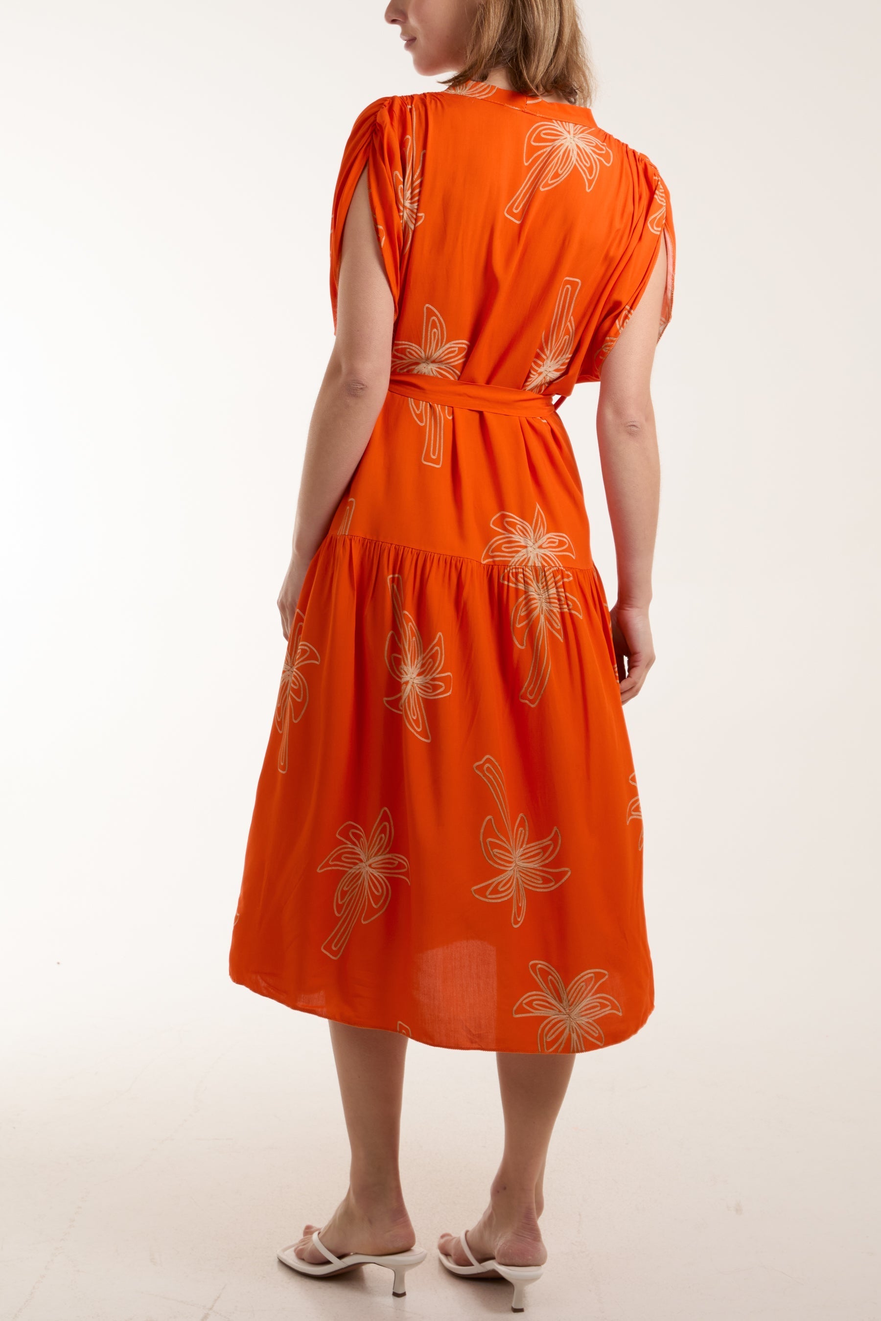 Palm Tree Belted Tiered Midi Dress For Women  - Dropwear