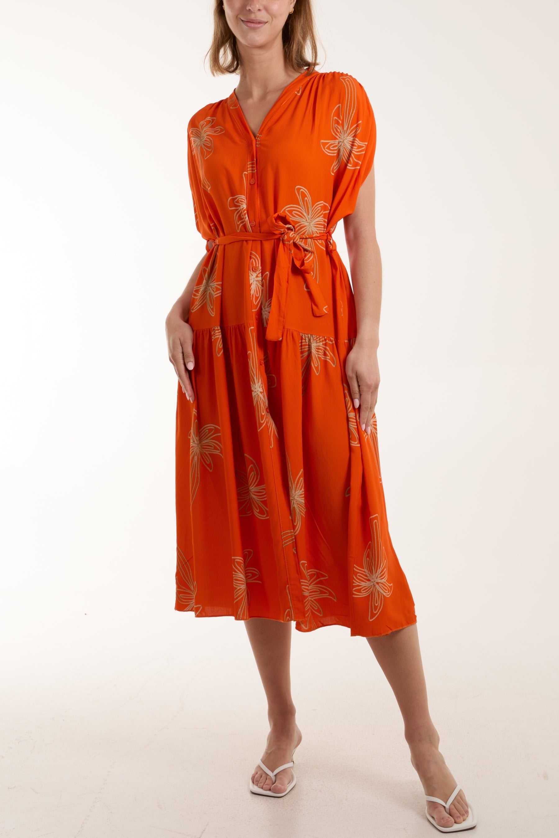 Palm Tree Belted Tiered Midi Dress For Women  - Dropwear
