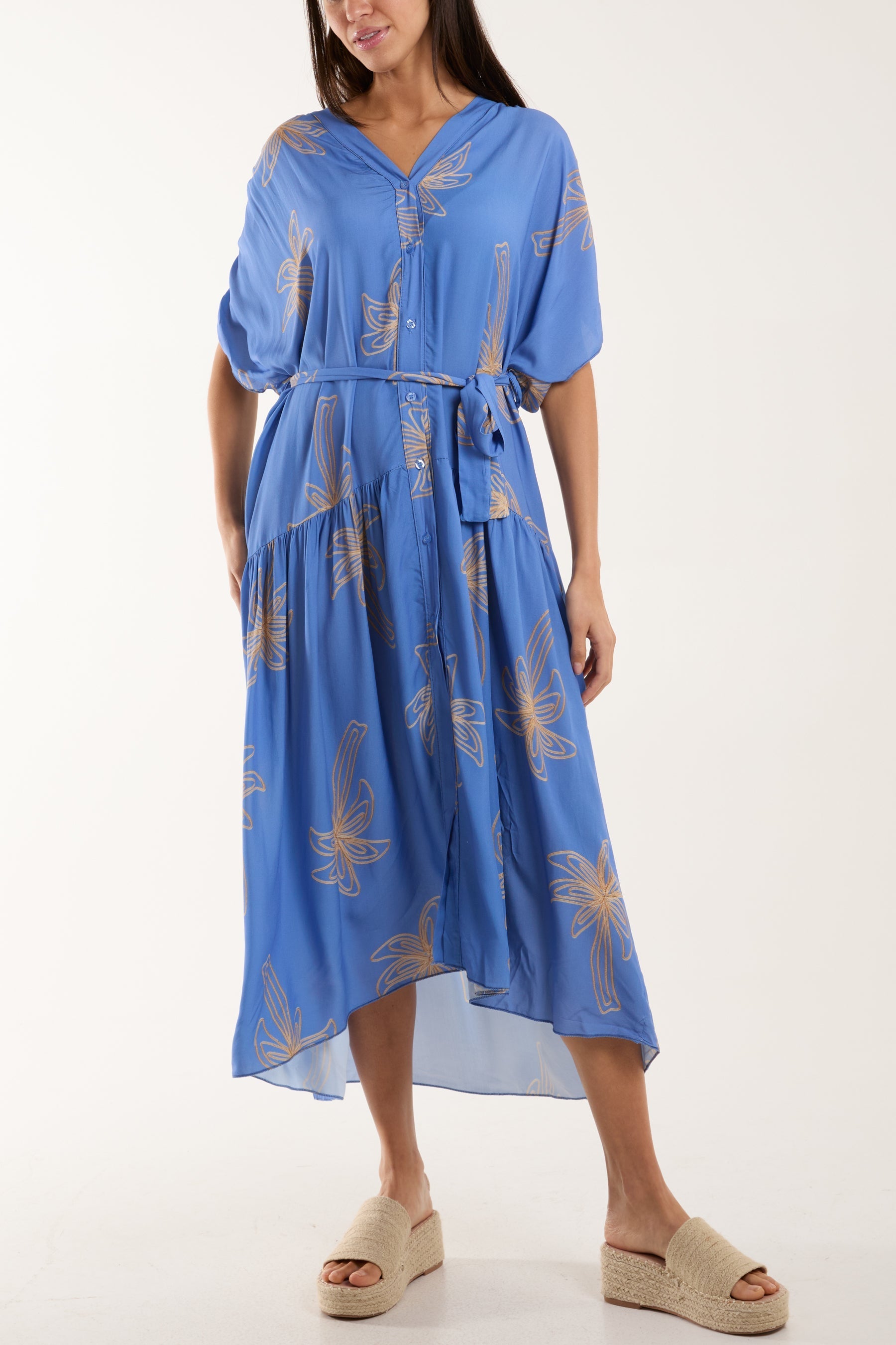 Palm Tree Belted Tiered Midi Dress For Women  - Dropwear