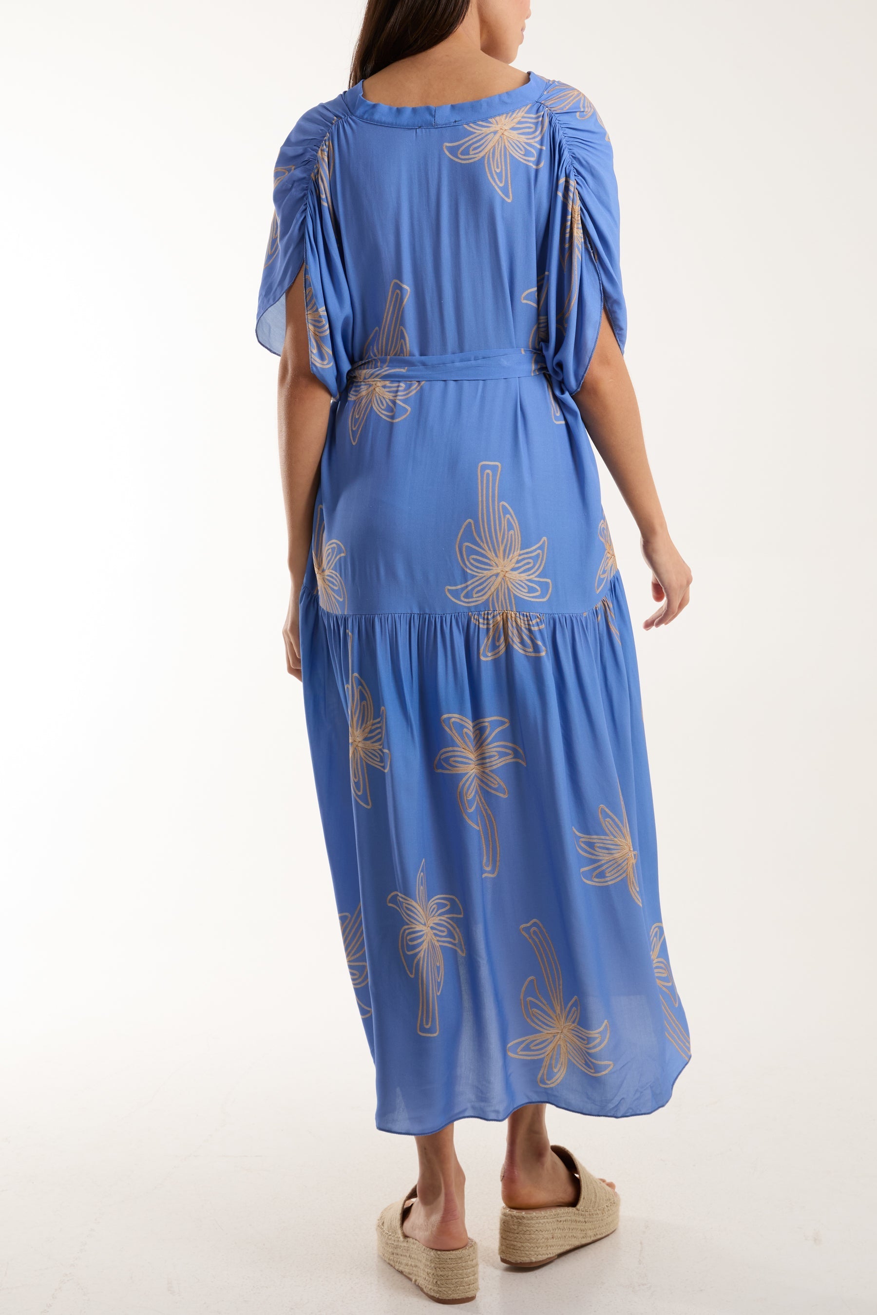 Palm Tree Belted Tiered Midi Dress For Women  - Dropwear