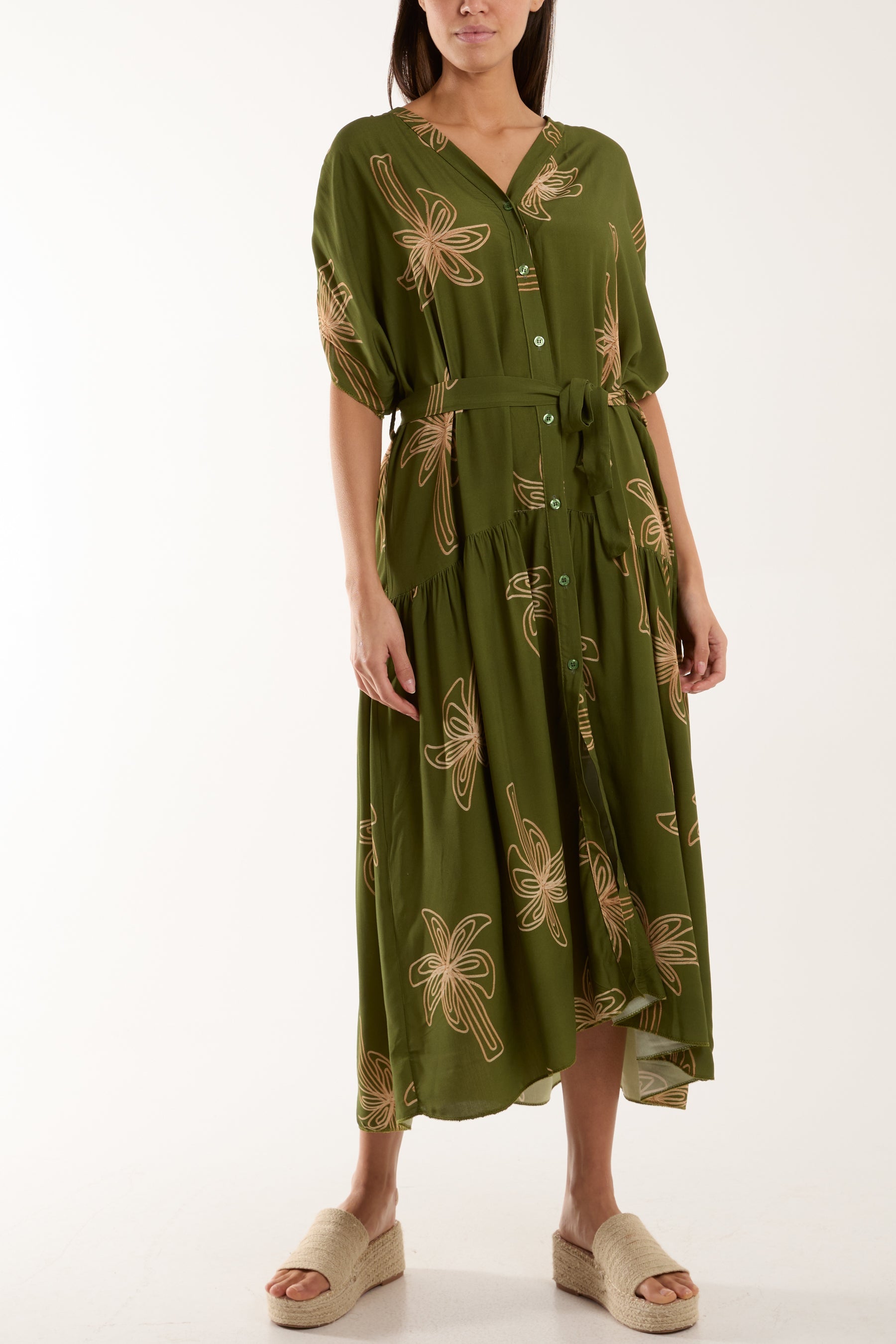 Palm Tree Belted Tiered Midi Dress For Women  - Dropwear