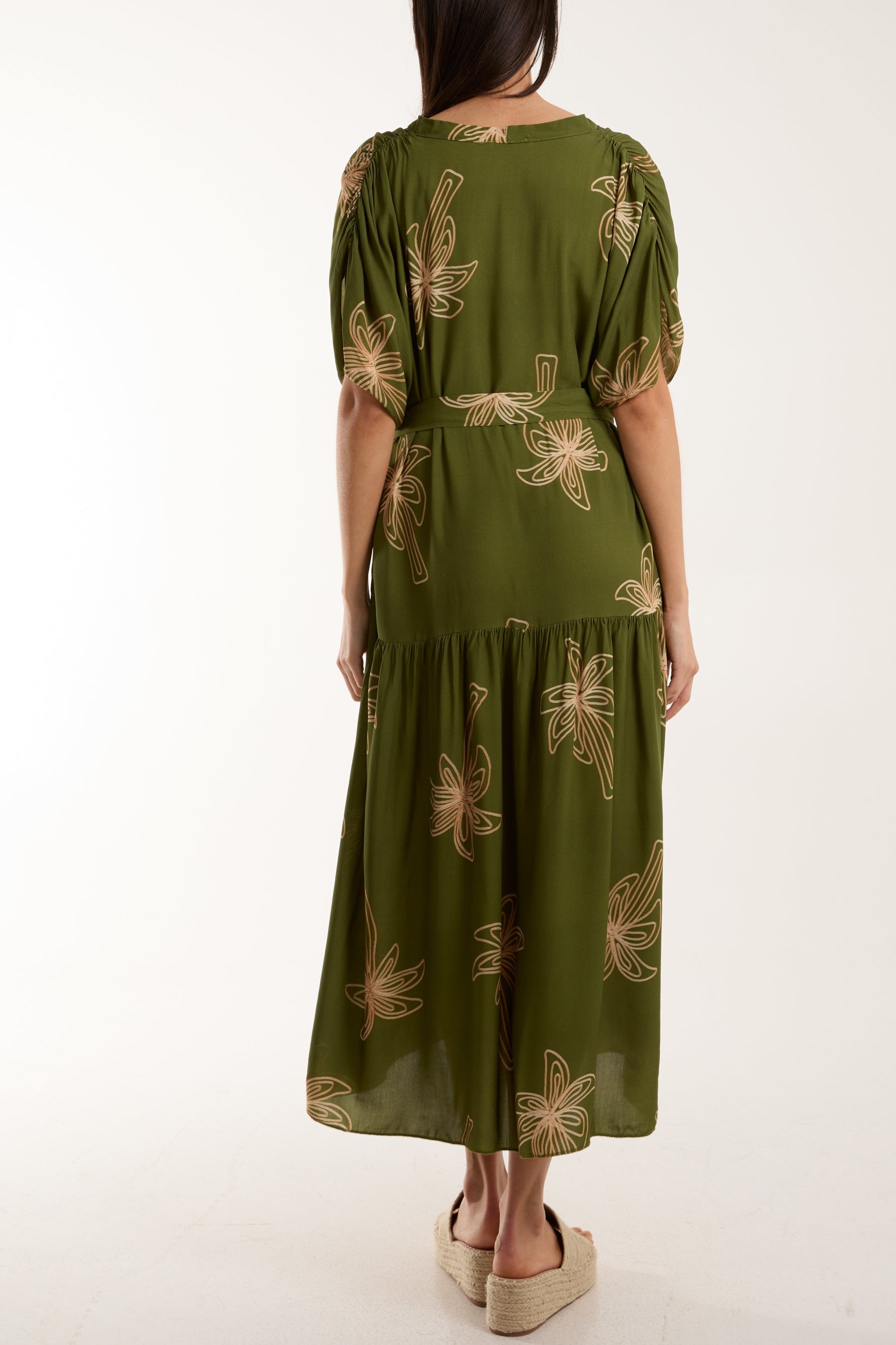 Palm Tree Belted Tiered Midi Dress For Women  - Dropwear