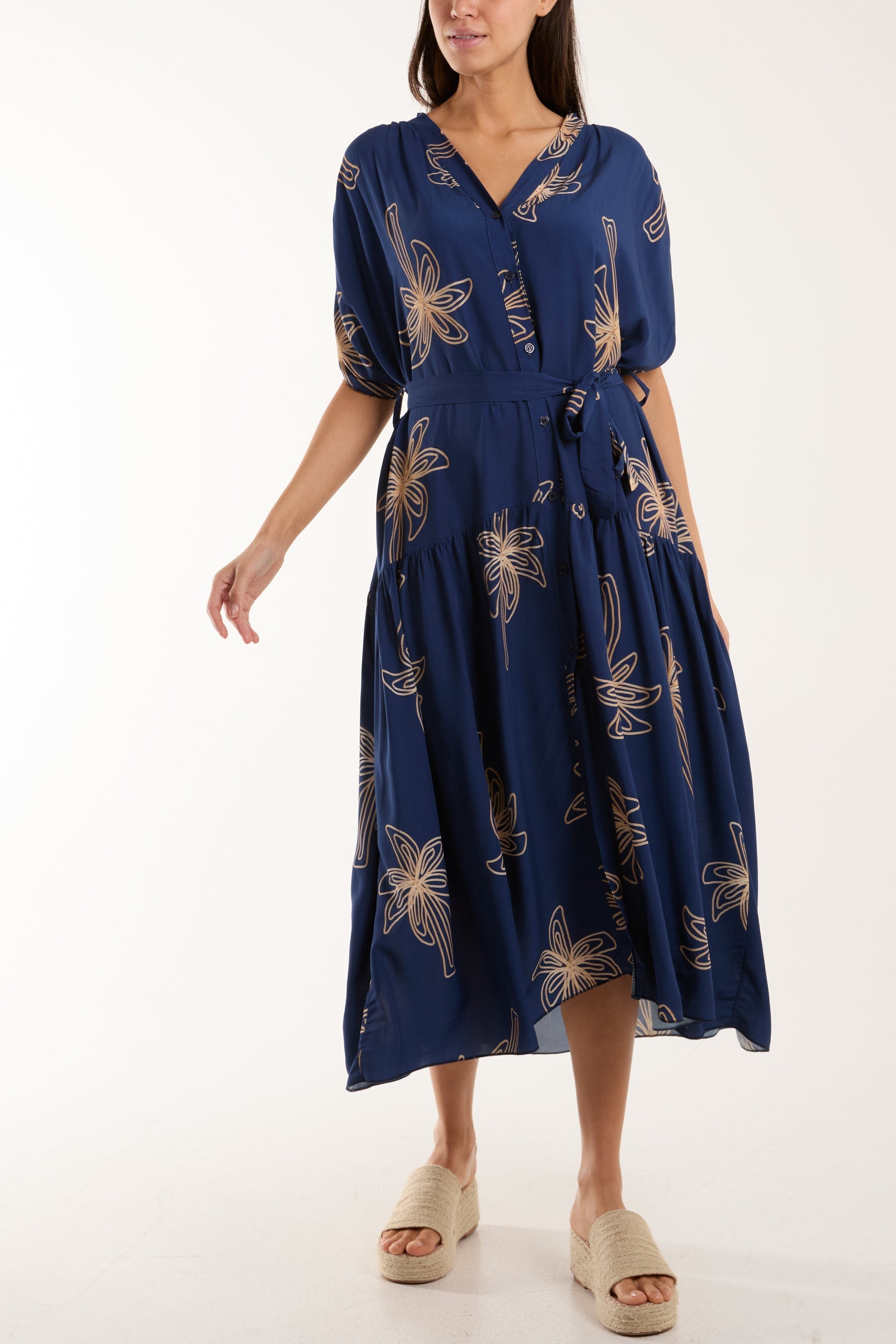 Fuchsia Palm Tree Belted Tiered Midi Dress For Women ONE SIZE - Dropwear
