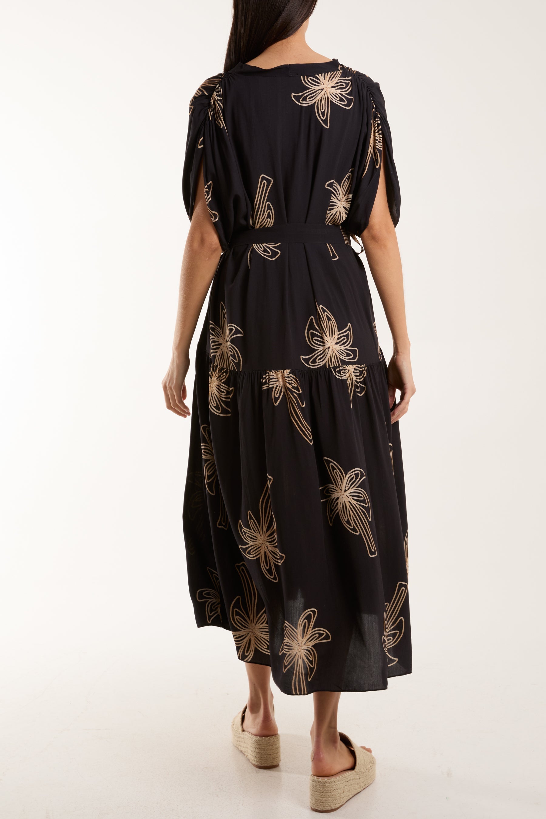 Royal Blue Palm Tree Belted Tiered Midi Dress For Women ONE SIZE - Dropwear