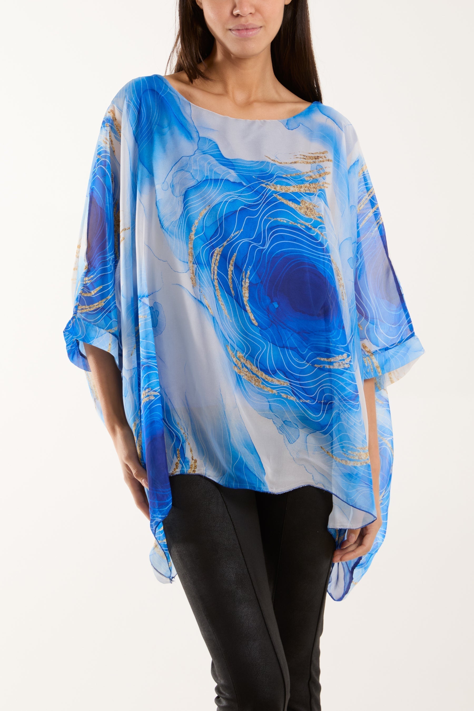 Blue Marble Print Sheer Blouse For Women ONE SIZE - Dropwear