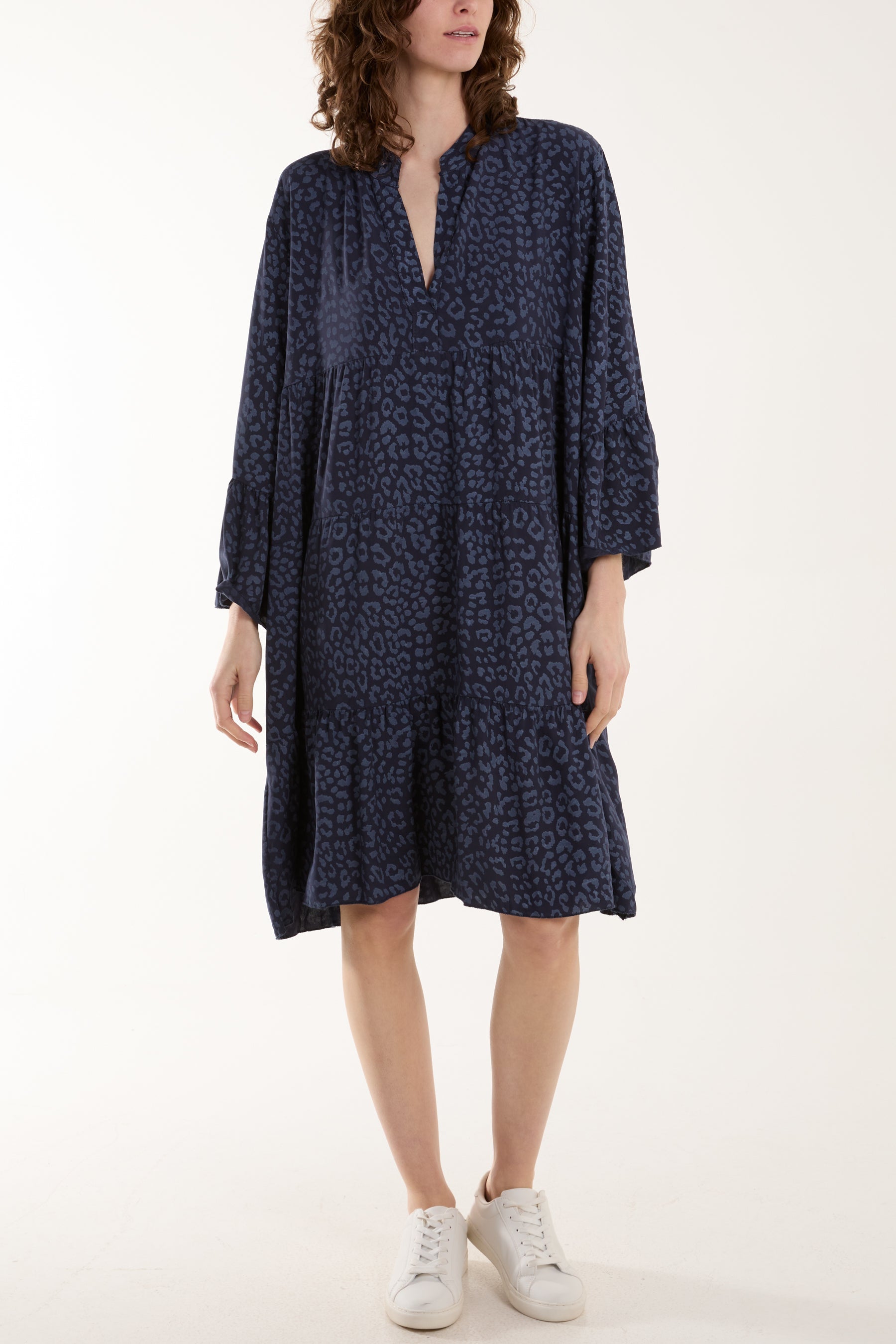 Leopard Print Long Sleeve Tiered Mini Dress For Women  - Dropwear