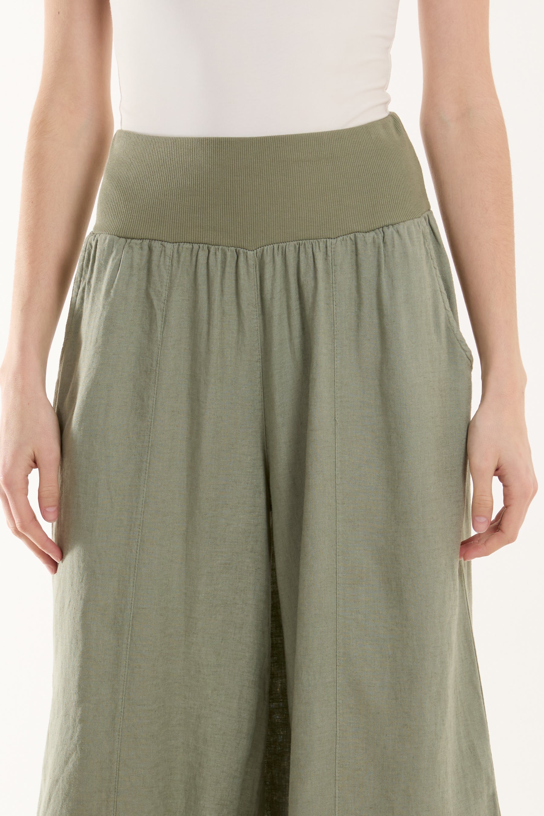 Beige Linen Blend Wide Leg Waistband Trousers For Women ONE SIZE - Dropwear