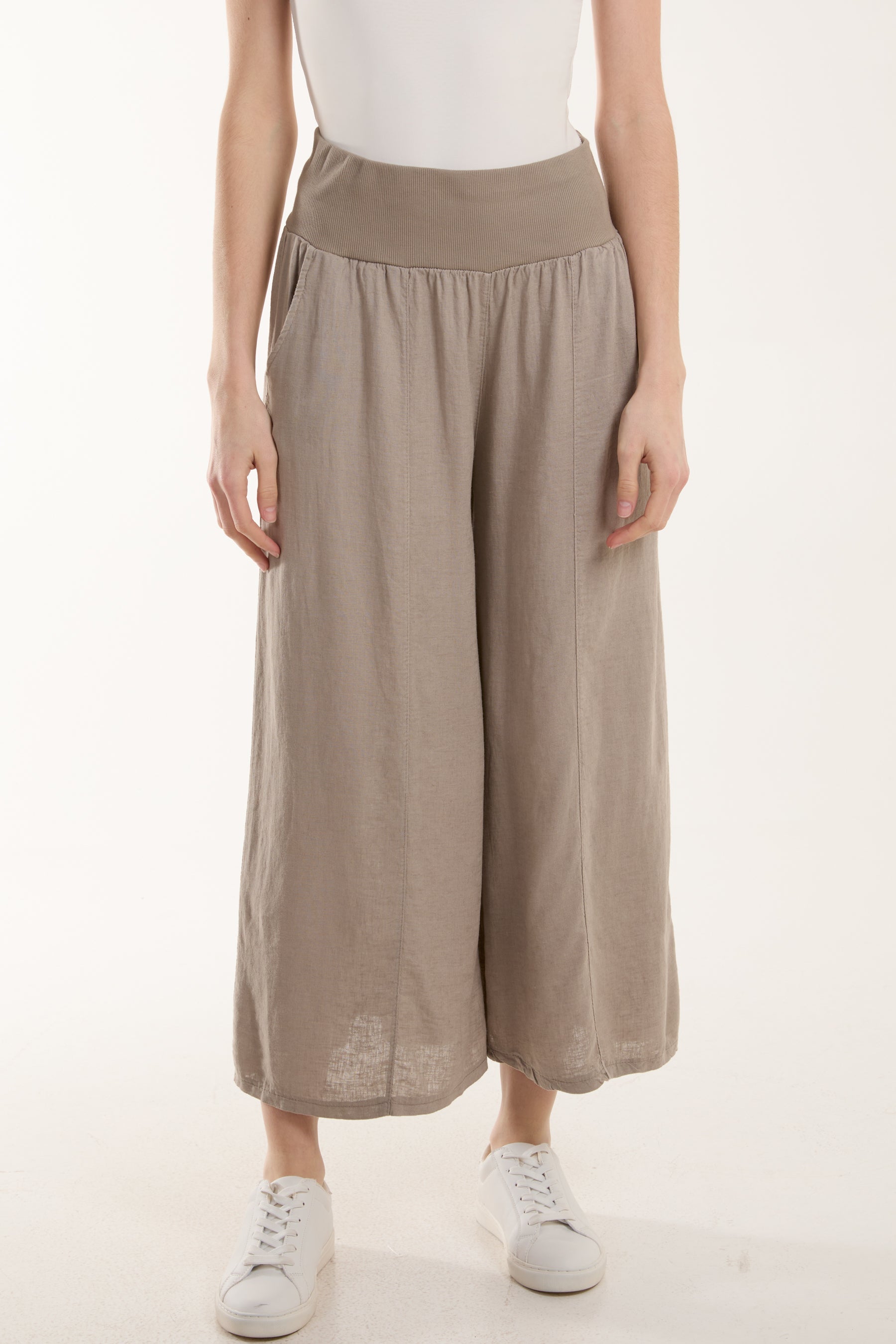 Linen Blend Wide Leg Waistband Trousers For Women  - Dropwear