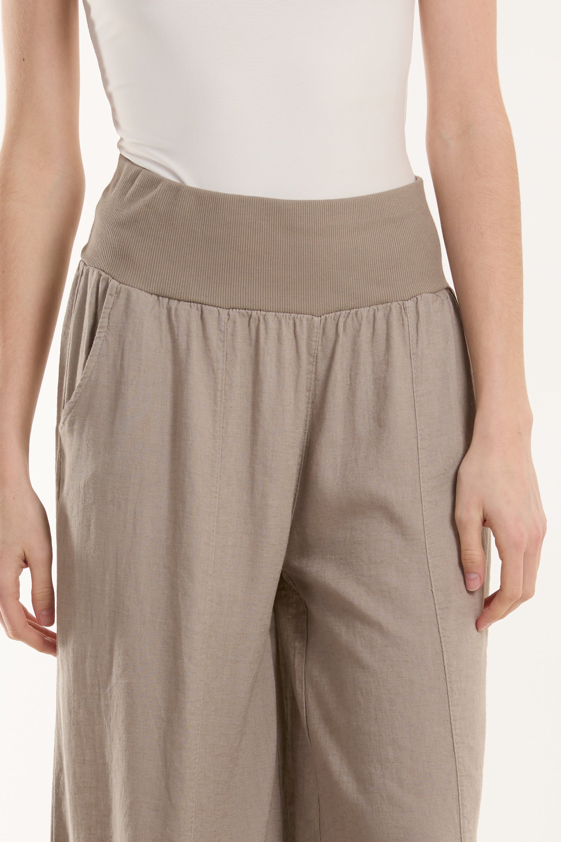 Linen Blend Wide Leg Waistband Trousers For Women  - Dropwear