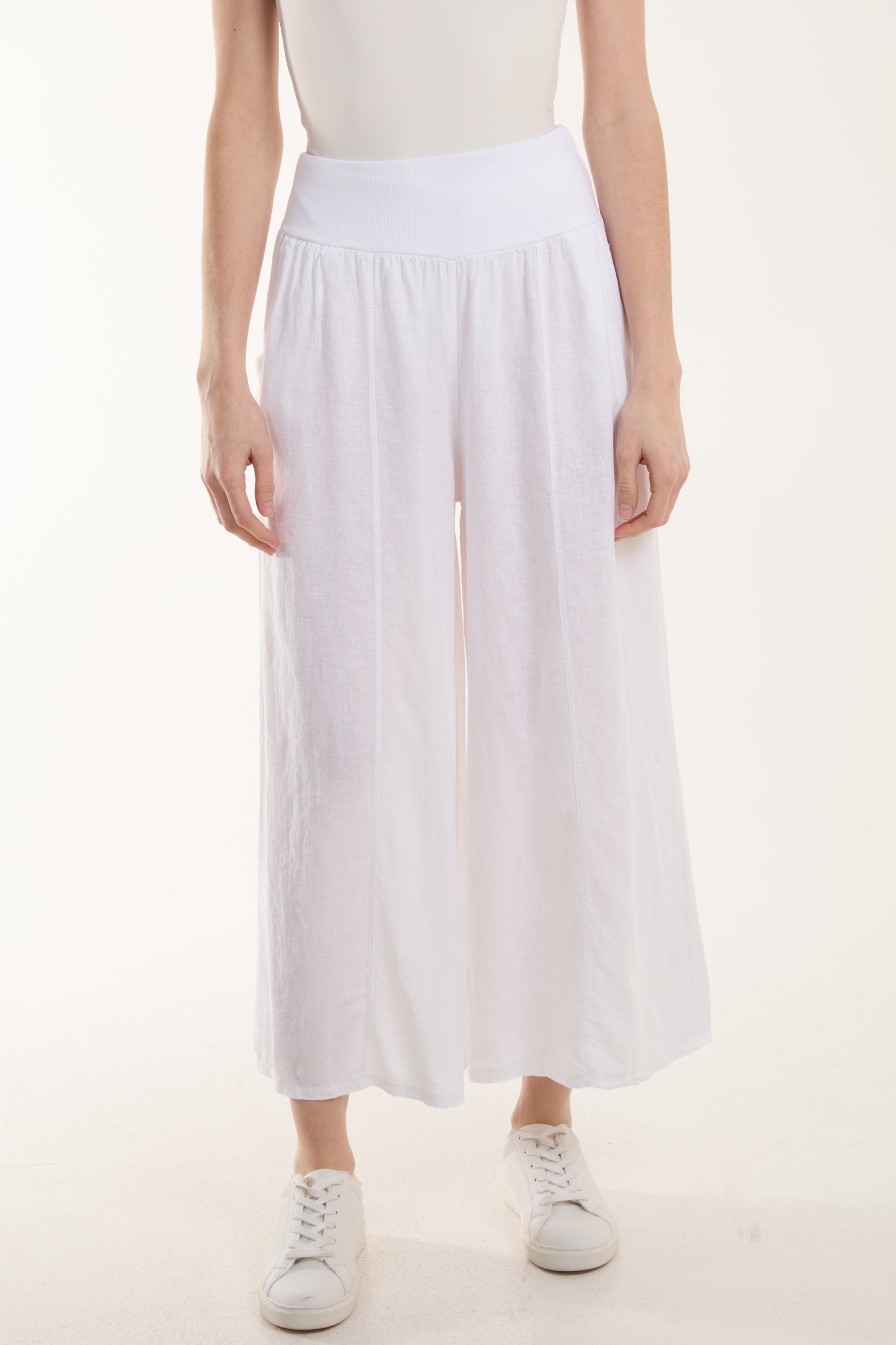 Linen Blend Wide Leg Waistband Trousers For Women  - Dropwear