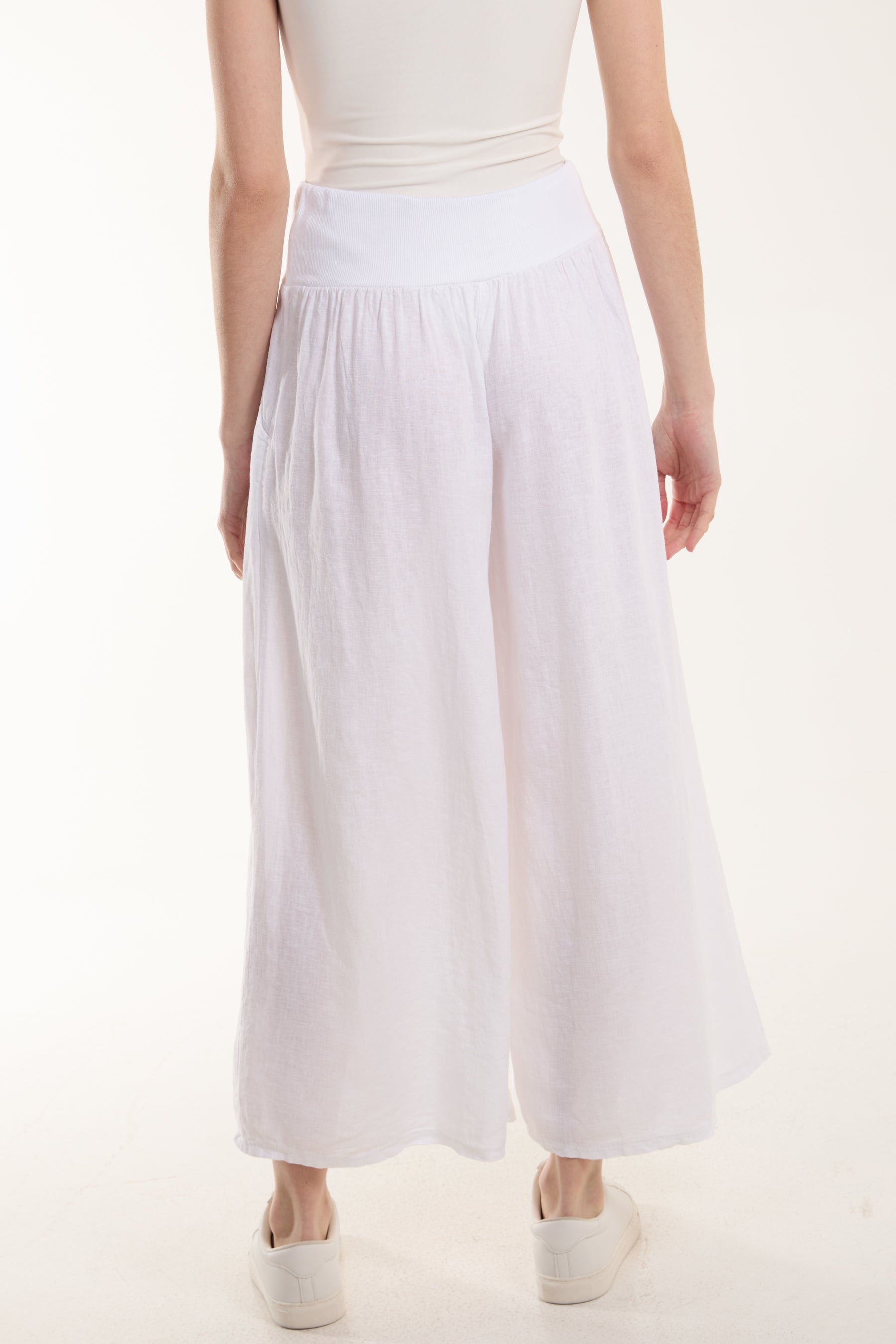 Linen Blend Wide Leg Waistband Trousers For Women  - Dropwear