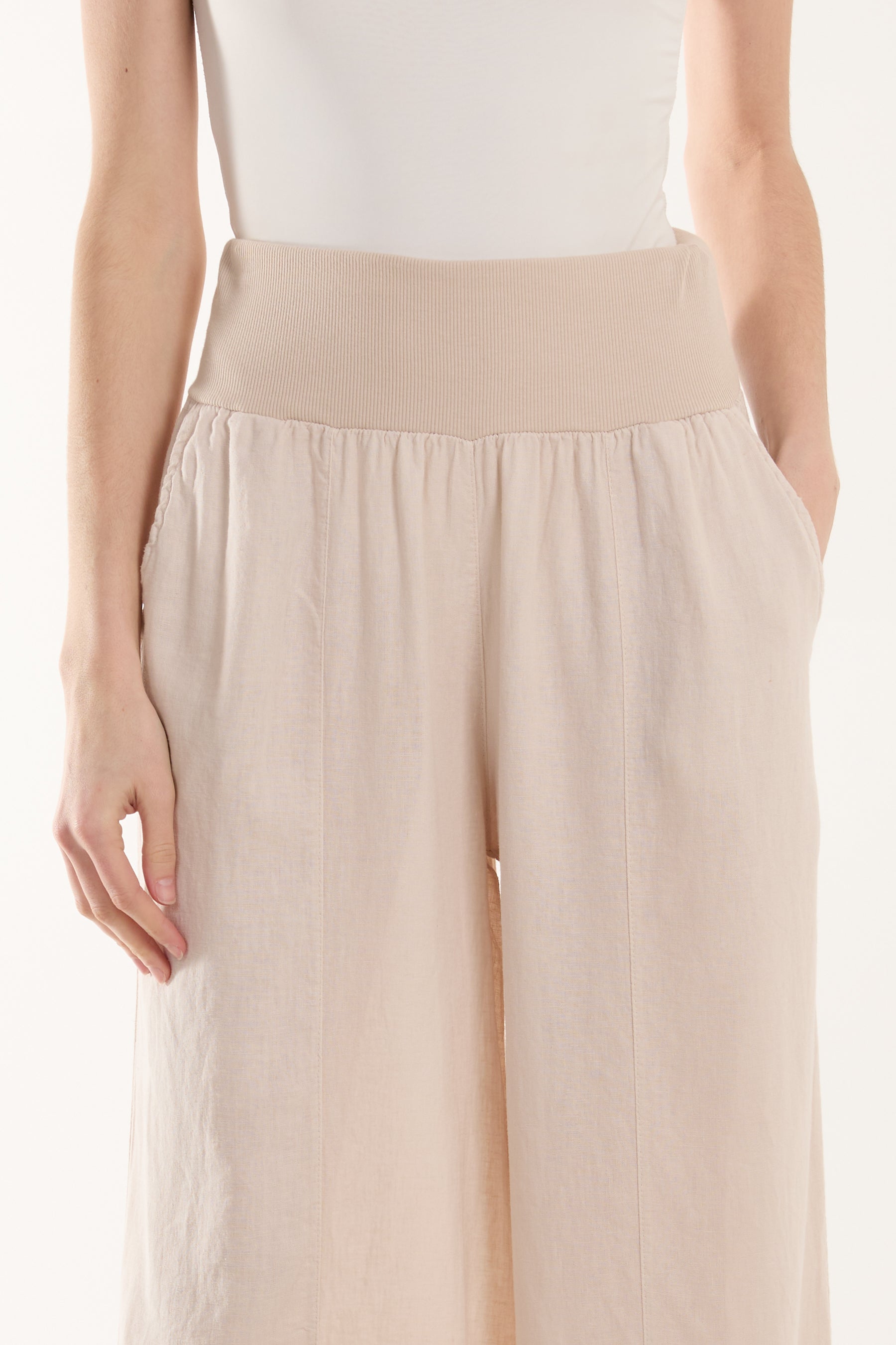 Linen Blend Wide Leg Waistband Trousers For Women  - Dropwear