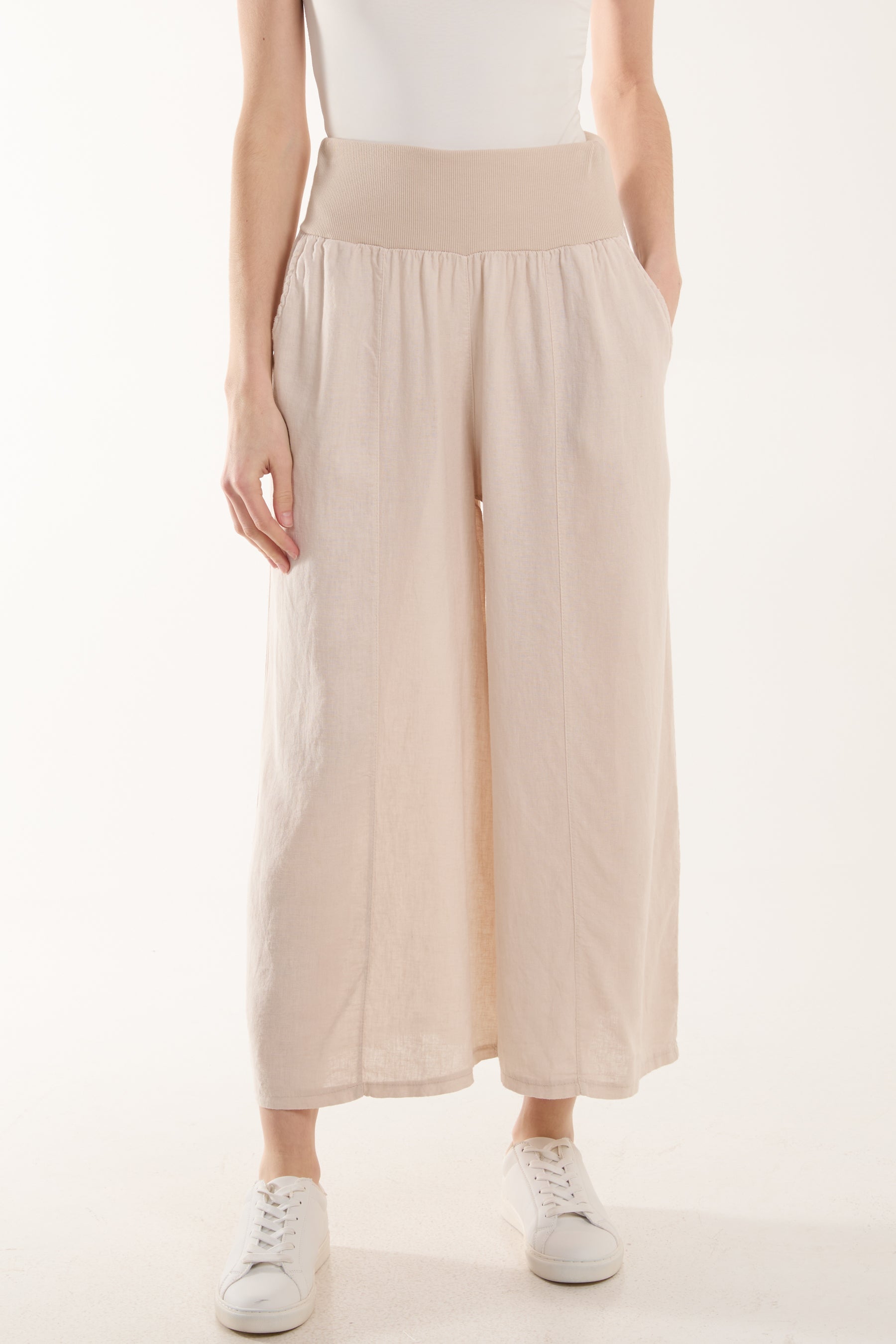 Linen Blend Wide Leg Waistband Trousers For Women  - Dropwear