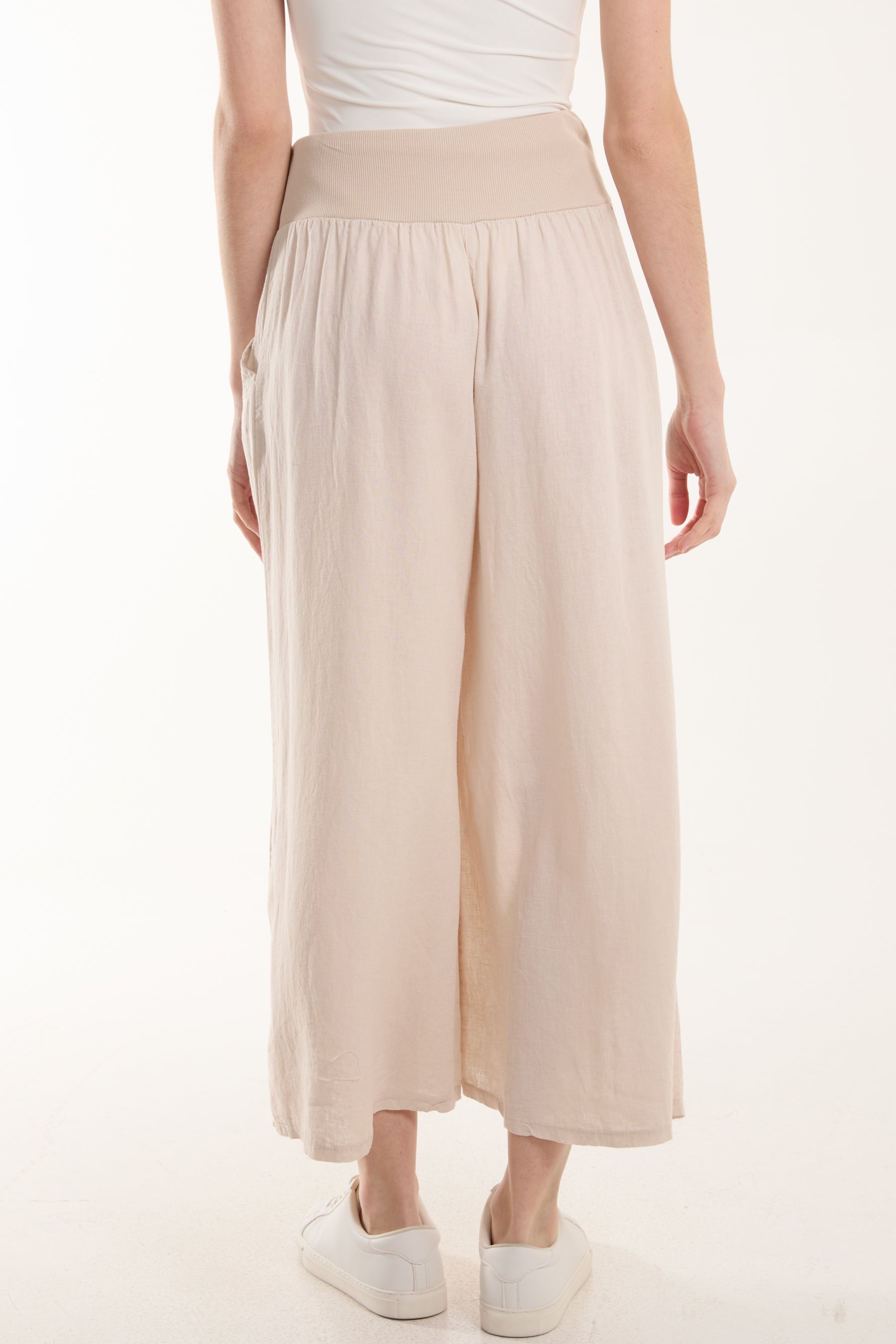 Linen Blend Wide Leg Waistband Trousers For Women  - Dropwear
