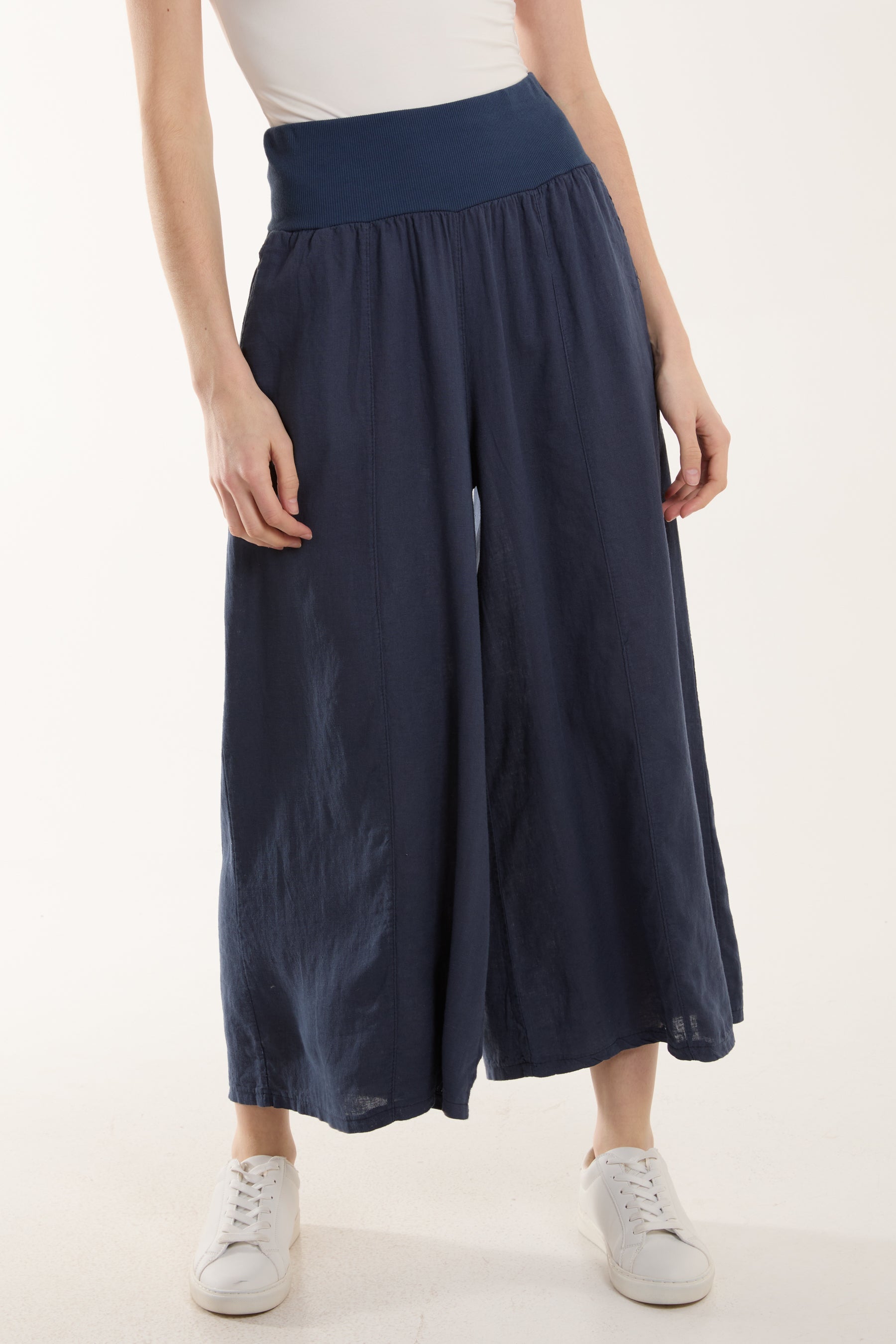 Black Linen Blend Wide Leg Waistband Trousers For Women ONE SIZE - Dropwear