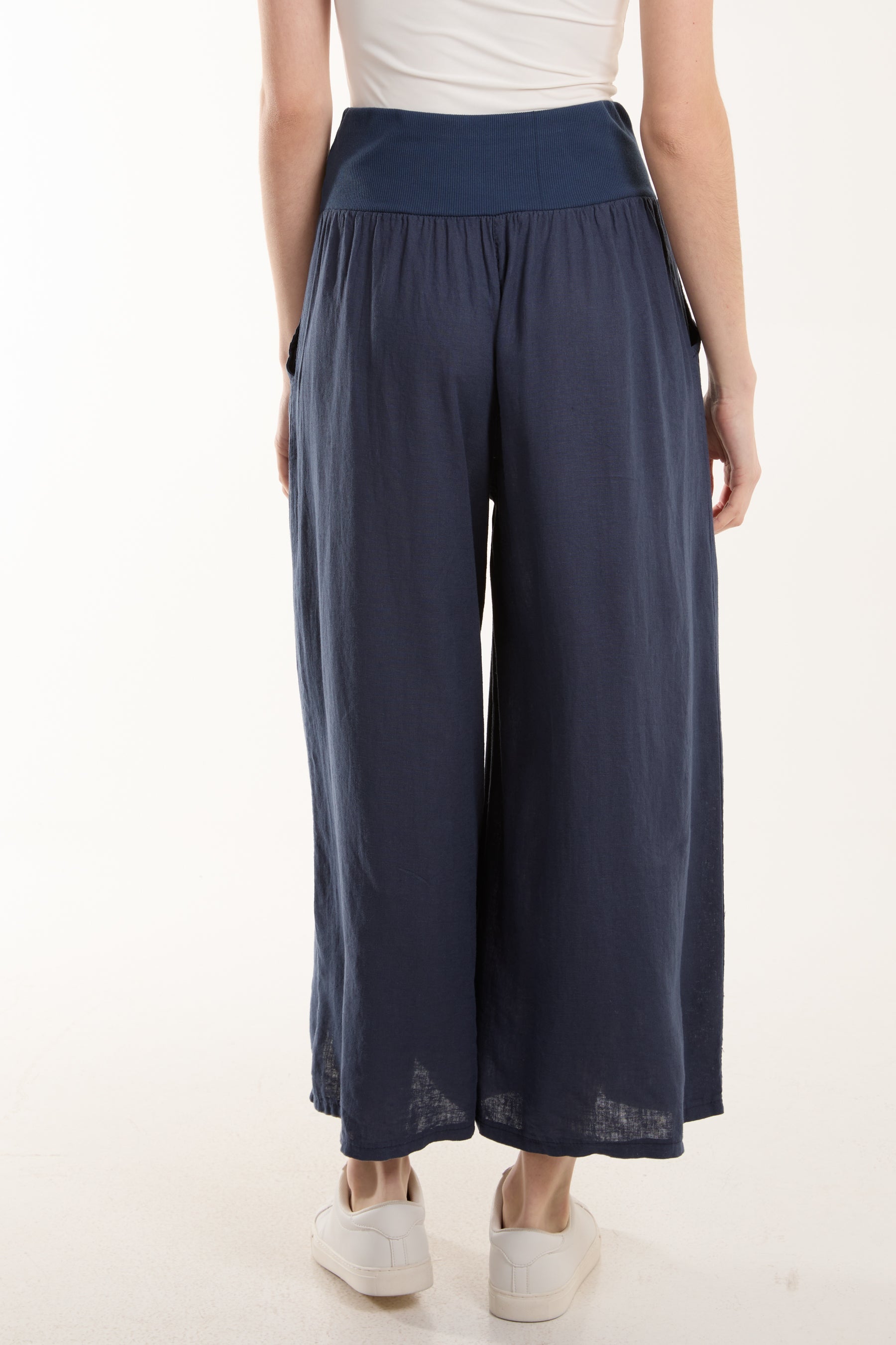 White Linen Blend Wide Leg Waistband Trousers For Women ONE SIZE - Dropwear