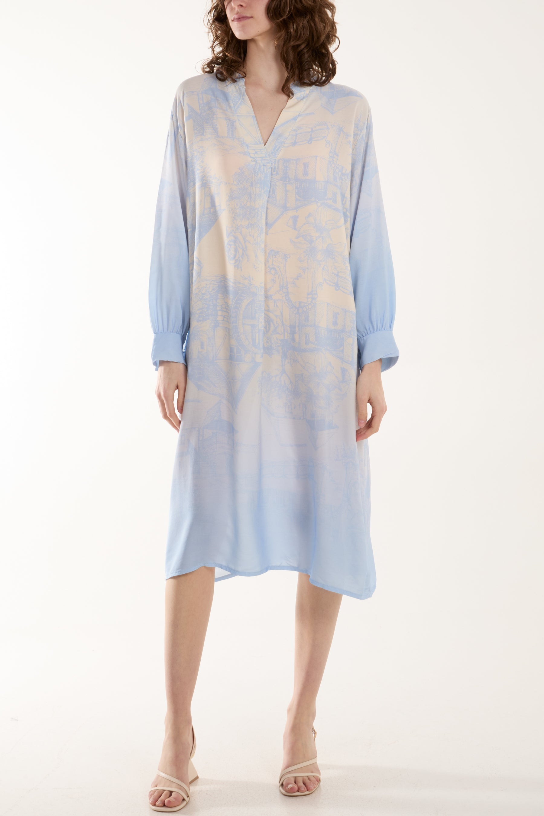 Light Blue Ombre Landscape Print Midi Dress For Women ONE SIZE - Dropwear