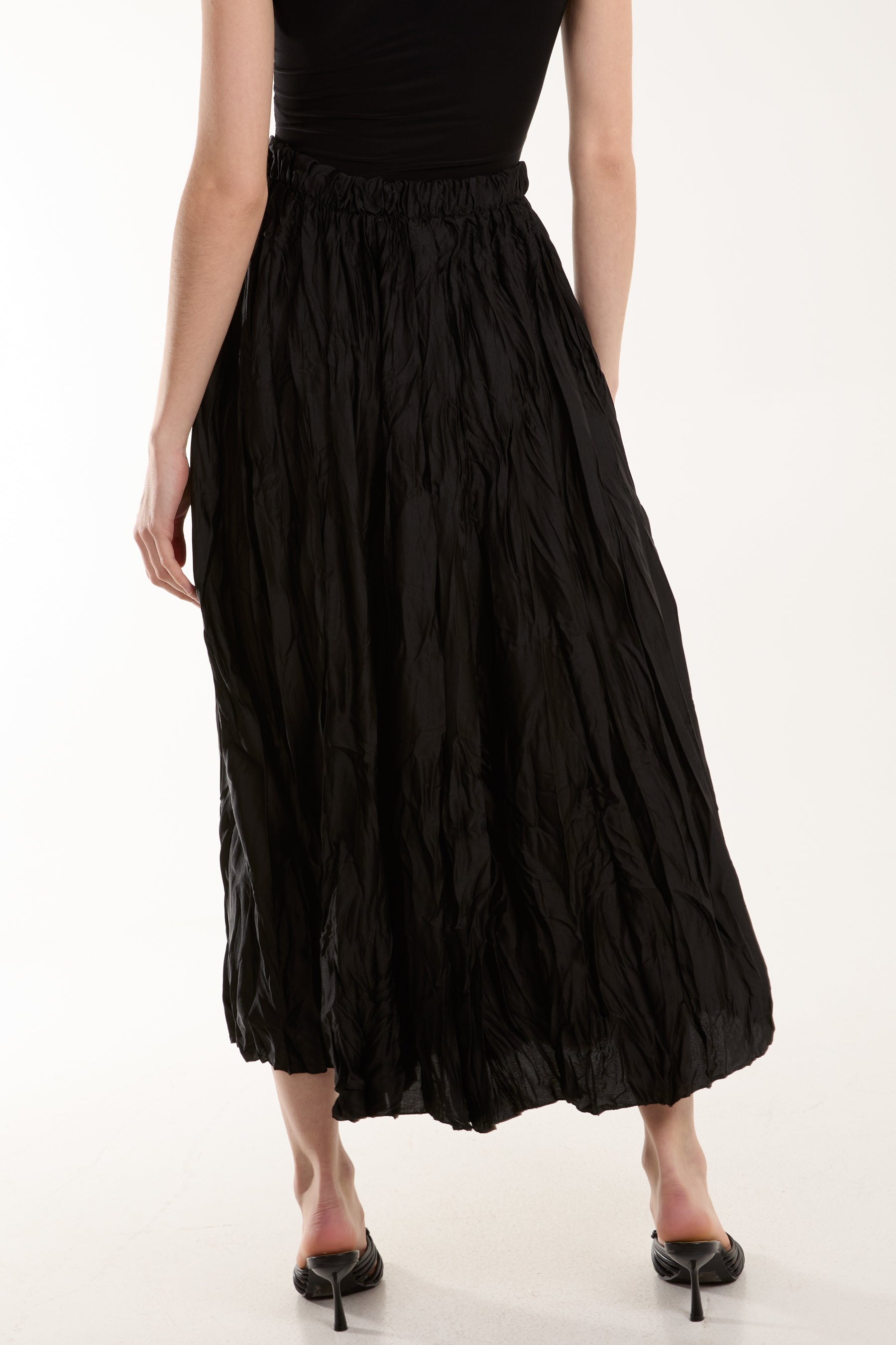 Black Crinkle Satin Midi Skirt For Women ONE SIZE - Dropwear
