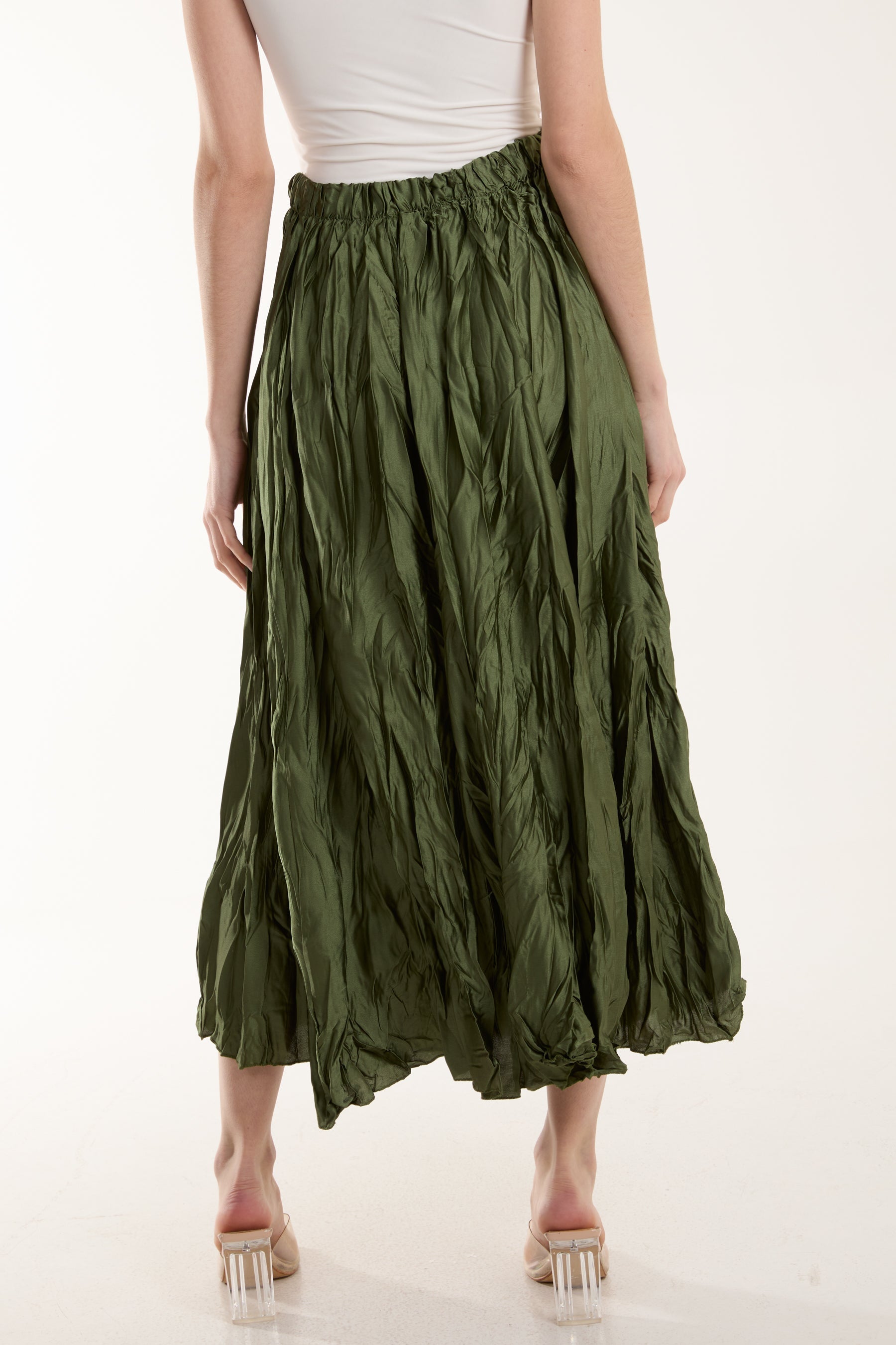Cream Crinkle Satin Midi Skirt For Women ONE SIZE - Dropwear