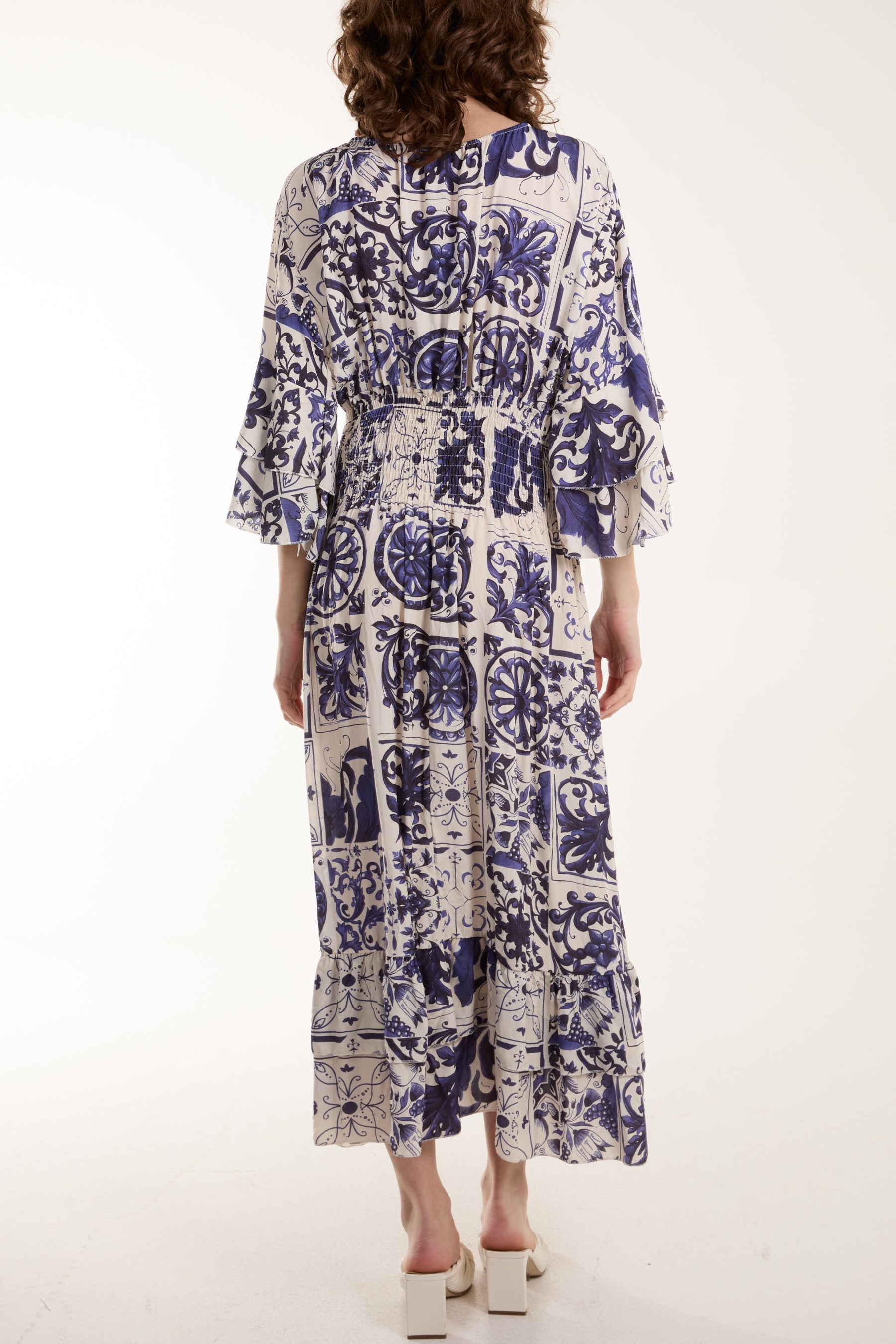 Tile Print Shirred Bodice Midi Dress For Women  - Dropwear