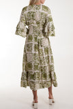 Khaki Tile Print Shirred Bodice Midi Dress For Women ONE SIZE - Dropwear
