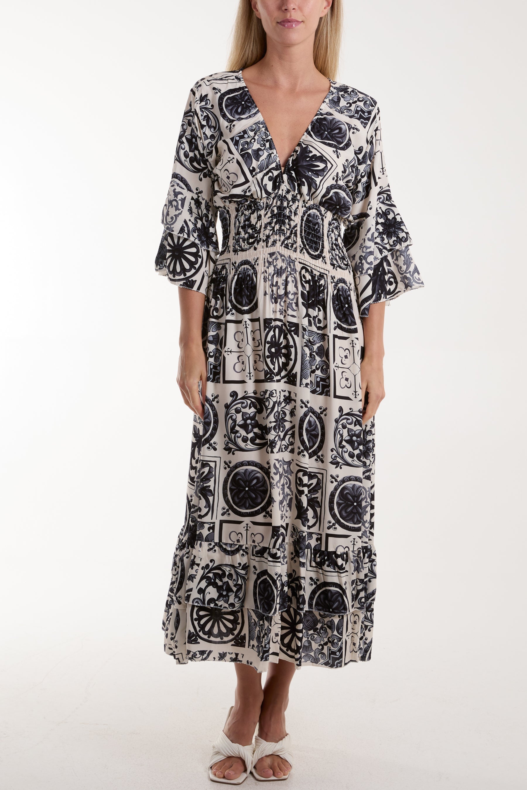 Royal Blue Tile Print Shirred Bodice Midi Dress For Women ONE SIZE - Dropwear