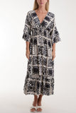 Royal Blue Tile Print Shirred Bodice Midi Dress For Women ONE SIZE - Dropwear