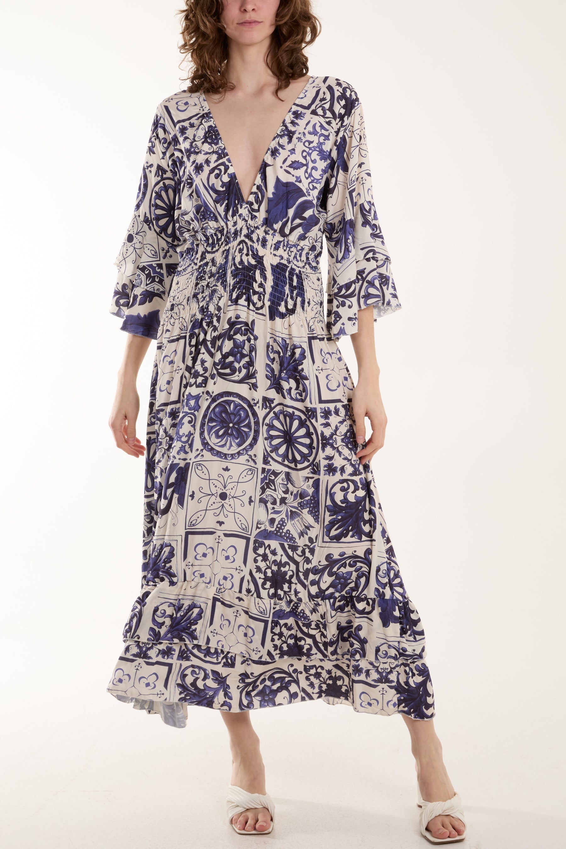 Tile Print Shirred Bodice Midi Dress For Women  - Dropwear