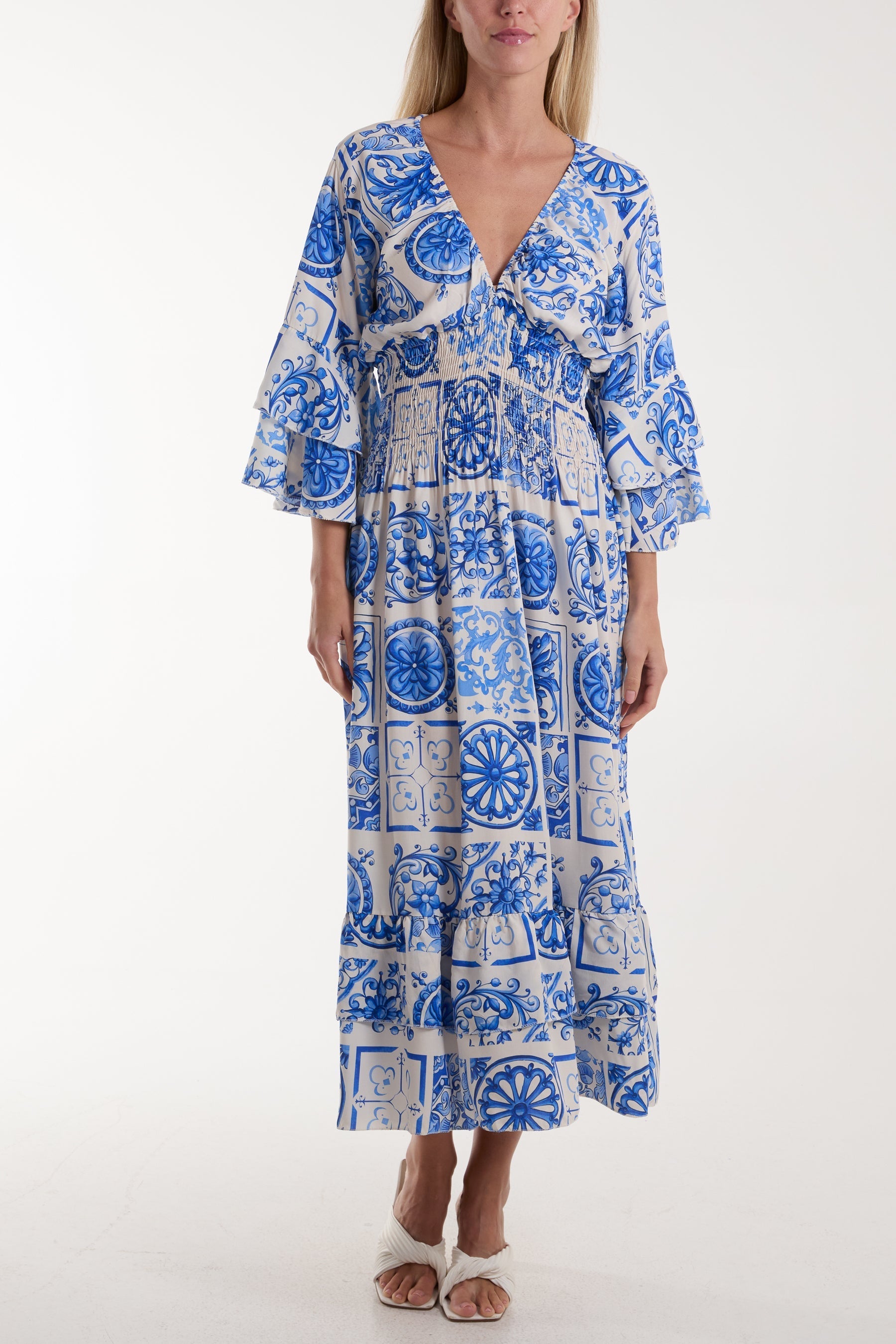Lime Tile Print Shirred Bodice Midi Dress For Women ONE SIZE - Dropwear
