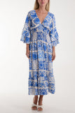 Lime Tile Print Shirred Bodice Midi Dress For Women ONE SIZE - Dropwear