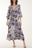 Tile Print Shirred Bodice Midi Dress For Women  - Dropwear