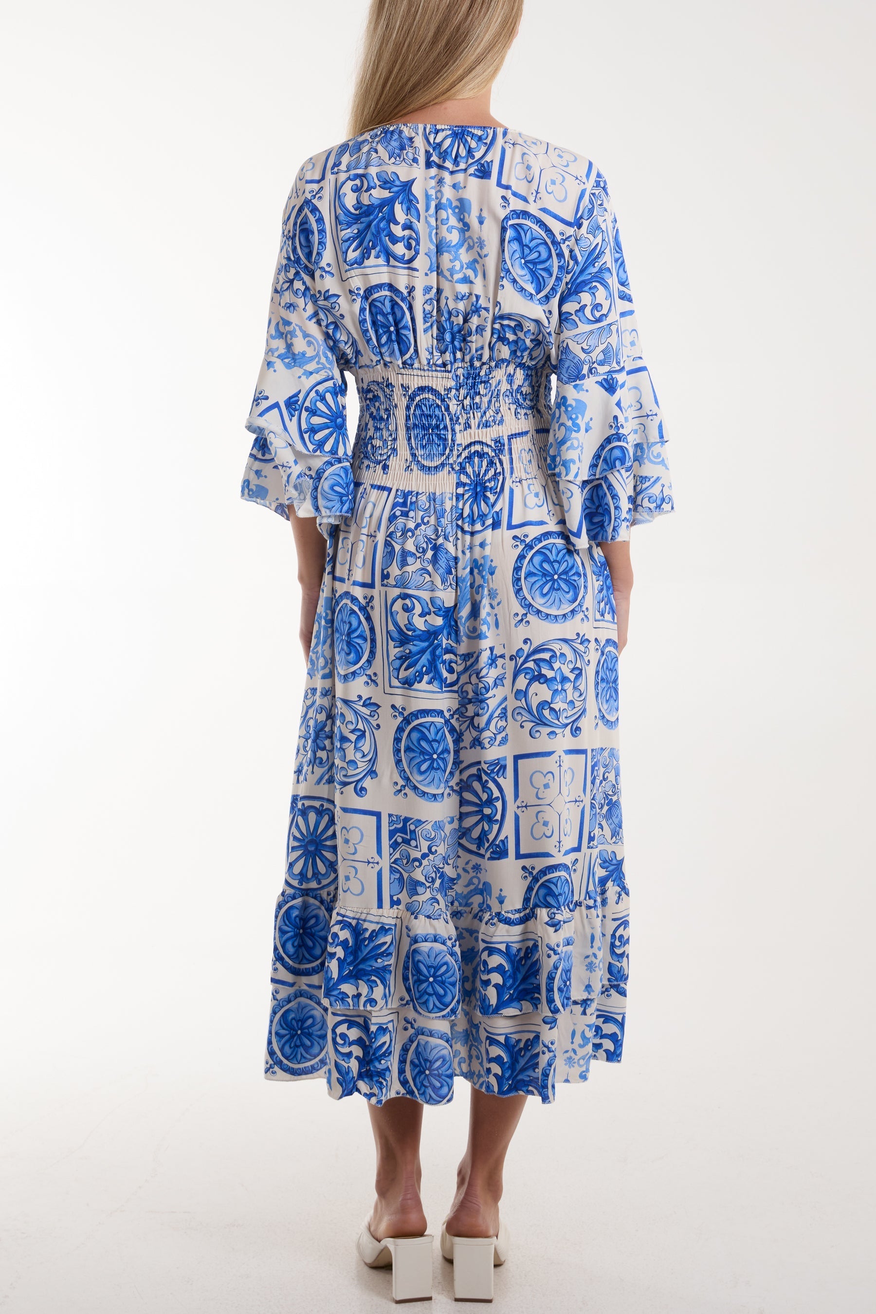 Tile Print Shirred Bodice Midi Dress For Women  - Dropwear
