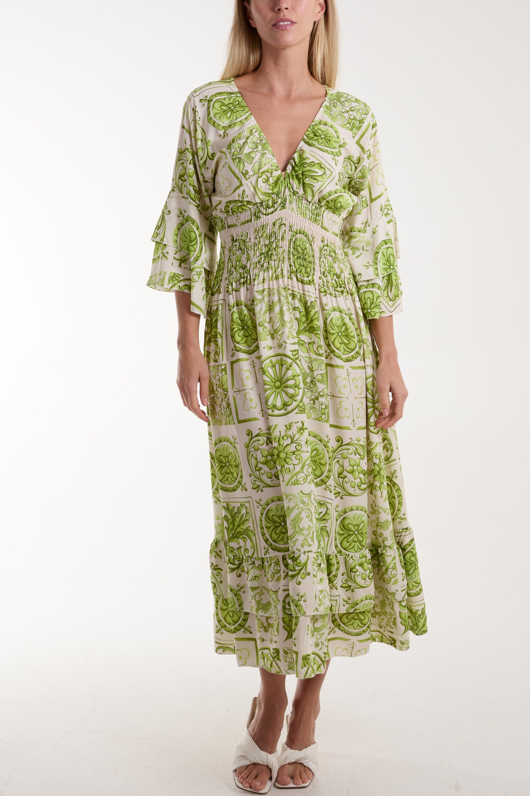 Tile Print Shirred Bodice Midi Dress For Women  - Dropwear