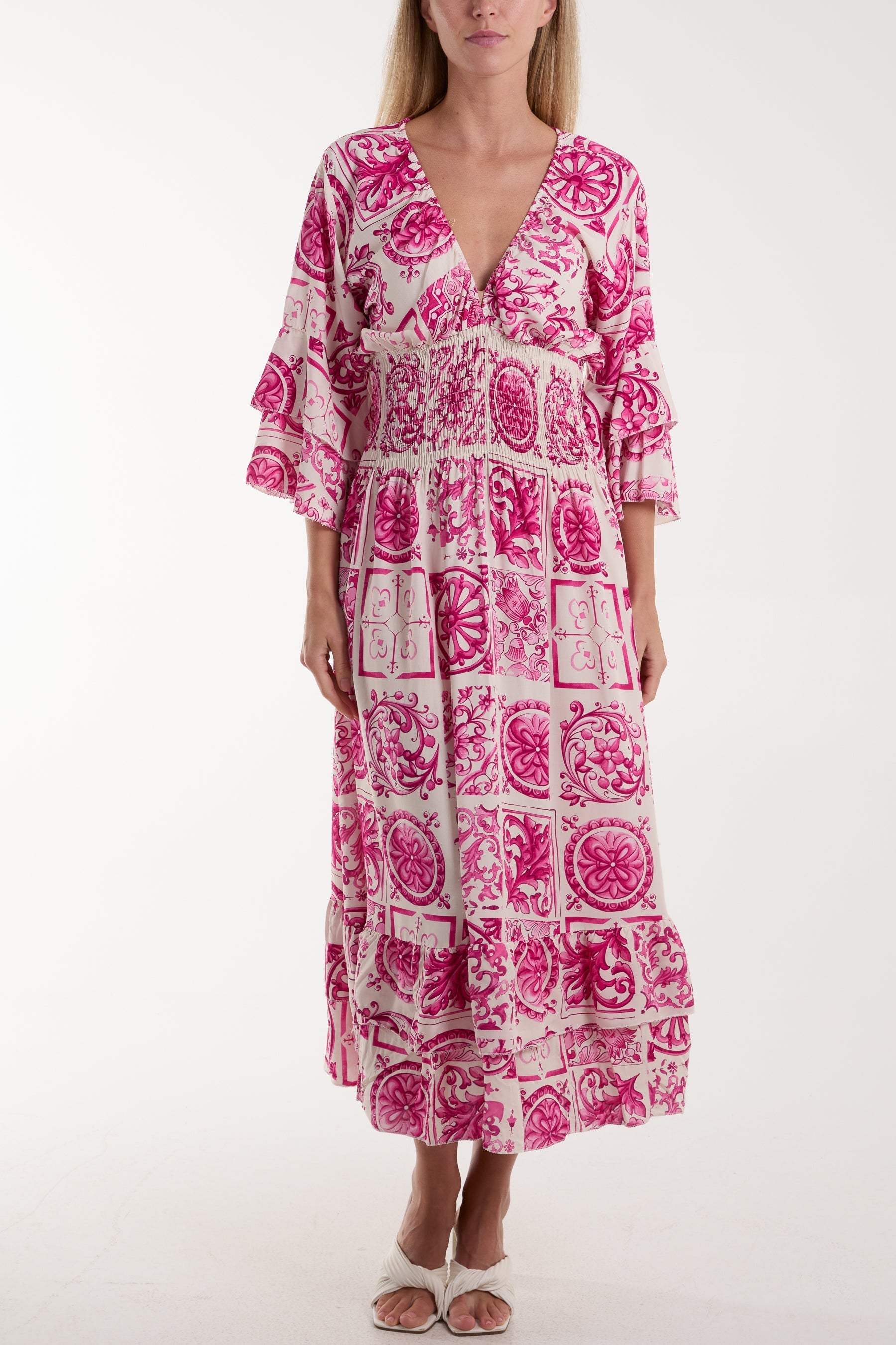Tile Print Shirred Bodice Midi Dress For Women  - Dropwear