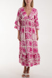 Tile Print Shirred Bodice Midi Dress For Women  - Dropwear