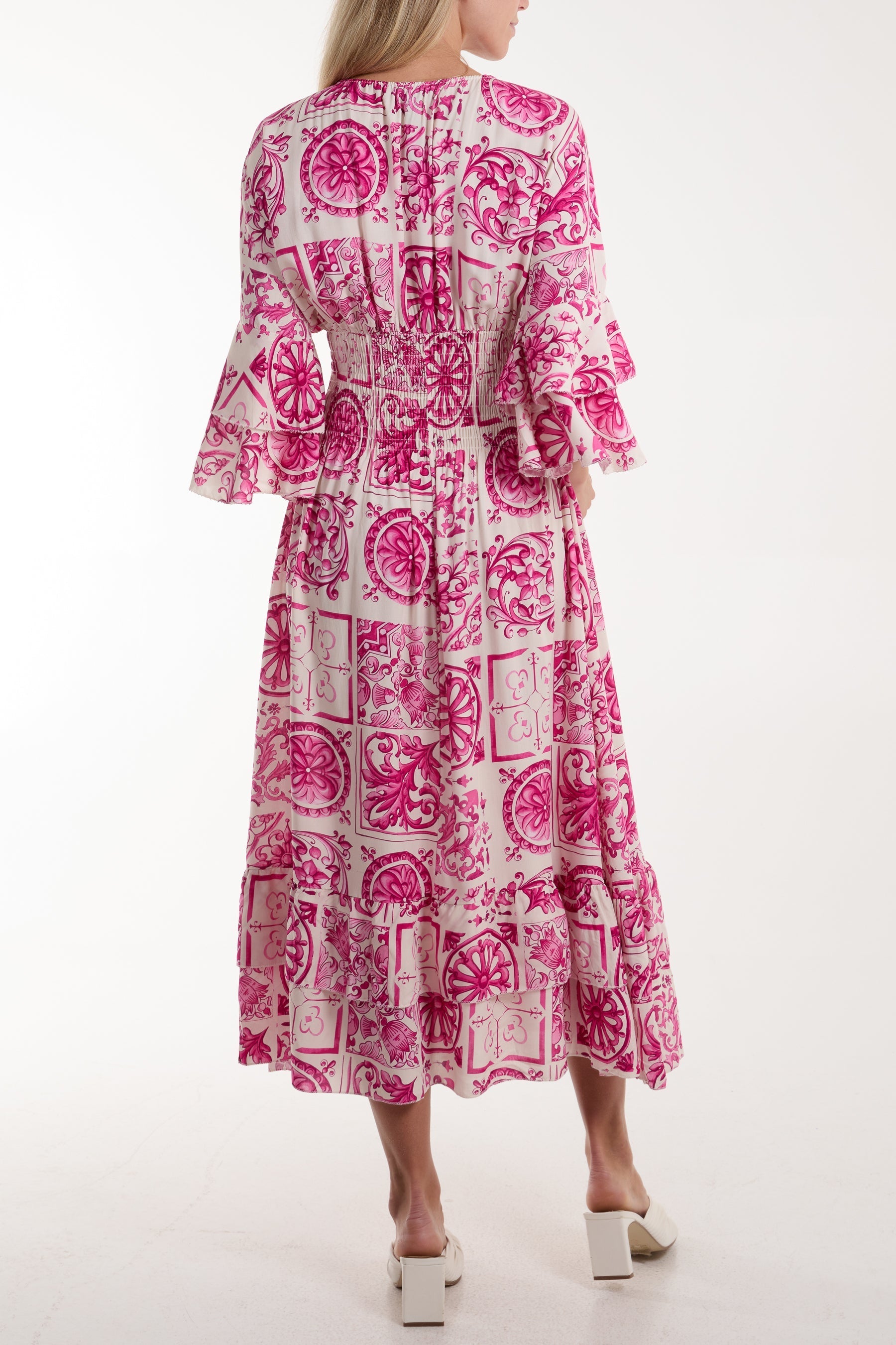 Tile Print Shirred Bodice Midi Dress For Women  - Dropwear