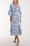 Black Tile Print Shirred Bodice Midi Dress For Women ONE SIZE - Dropwear
