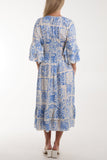 Navy Tile Print Shirred Bodice Midi Dress For Women ONE SIZE - Dropwear