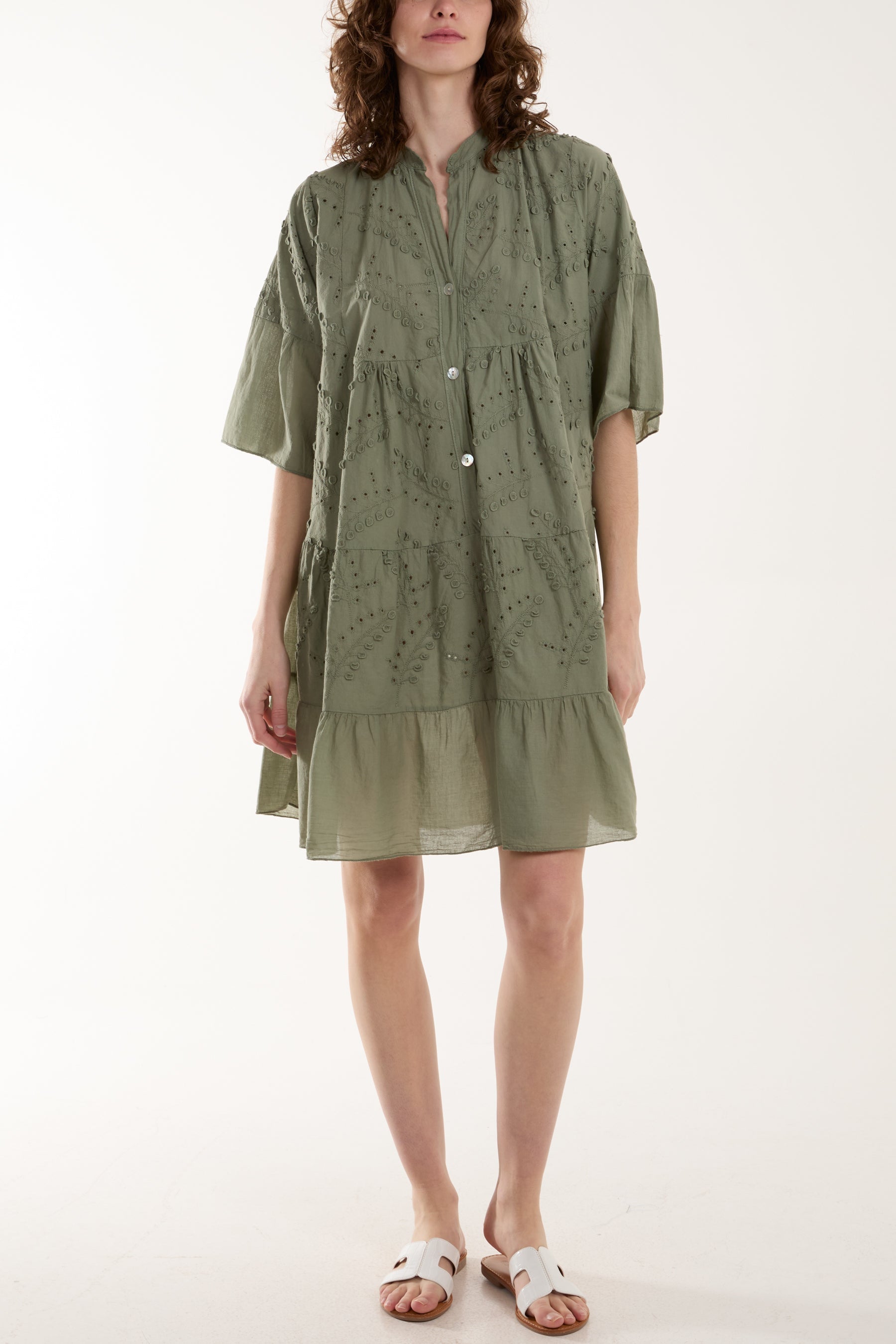 Stone Broderie Anglaise 3D Leaves Smock Dress For Women ONE SIZE - Dropwear