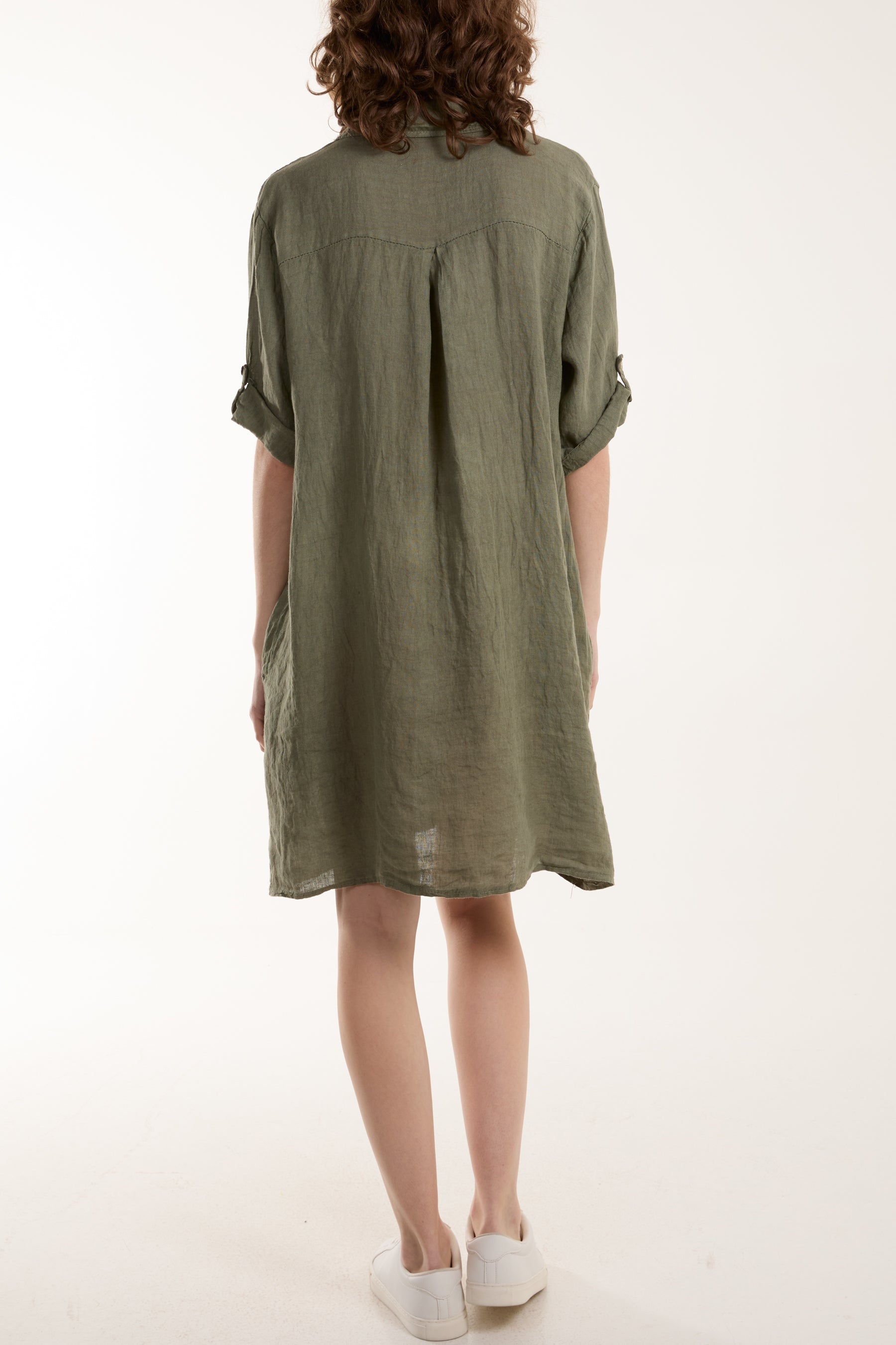 Khaki Linen Pocket Shirt Mini Dress For Women ONE SIZE - Dropwear