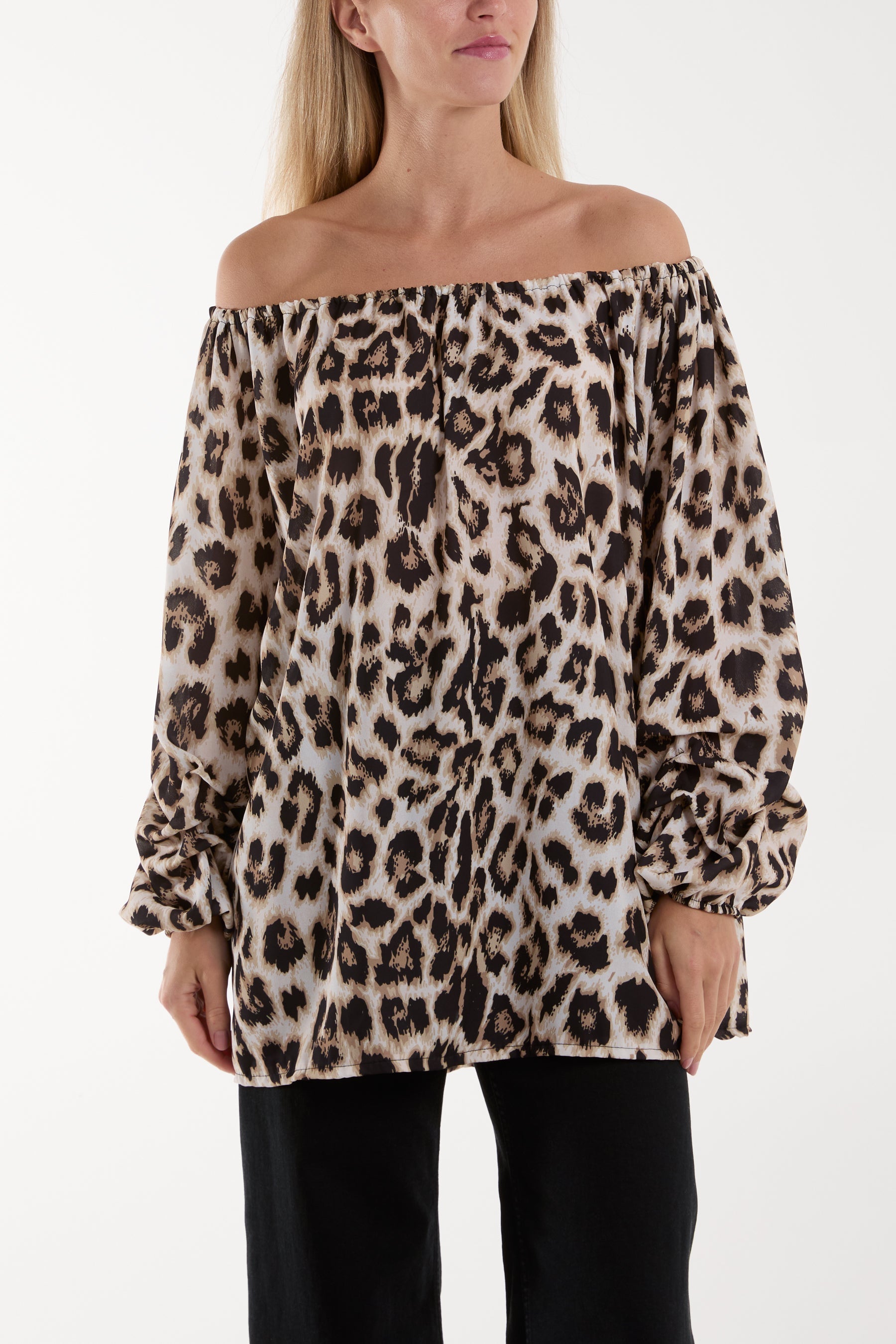 Black Bardot Leopard Print Blouse For Women ONE SIZE - Dropwear