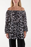 Hot Pink Bardot Leopard Print Blouse For Women ONE SIZE - Dropwear