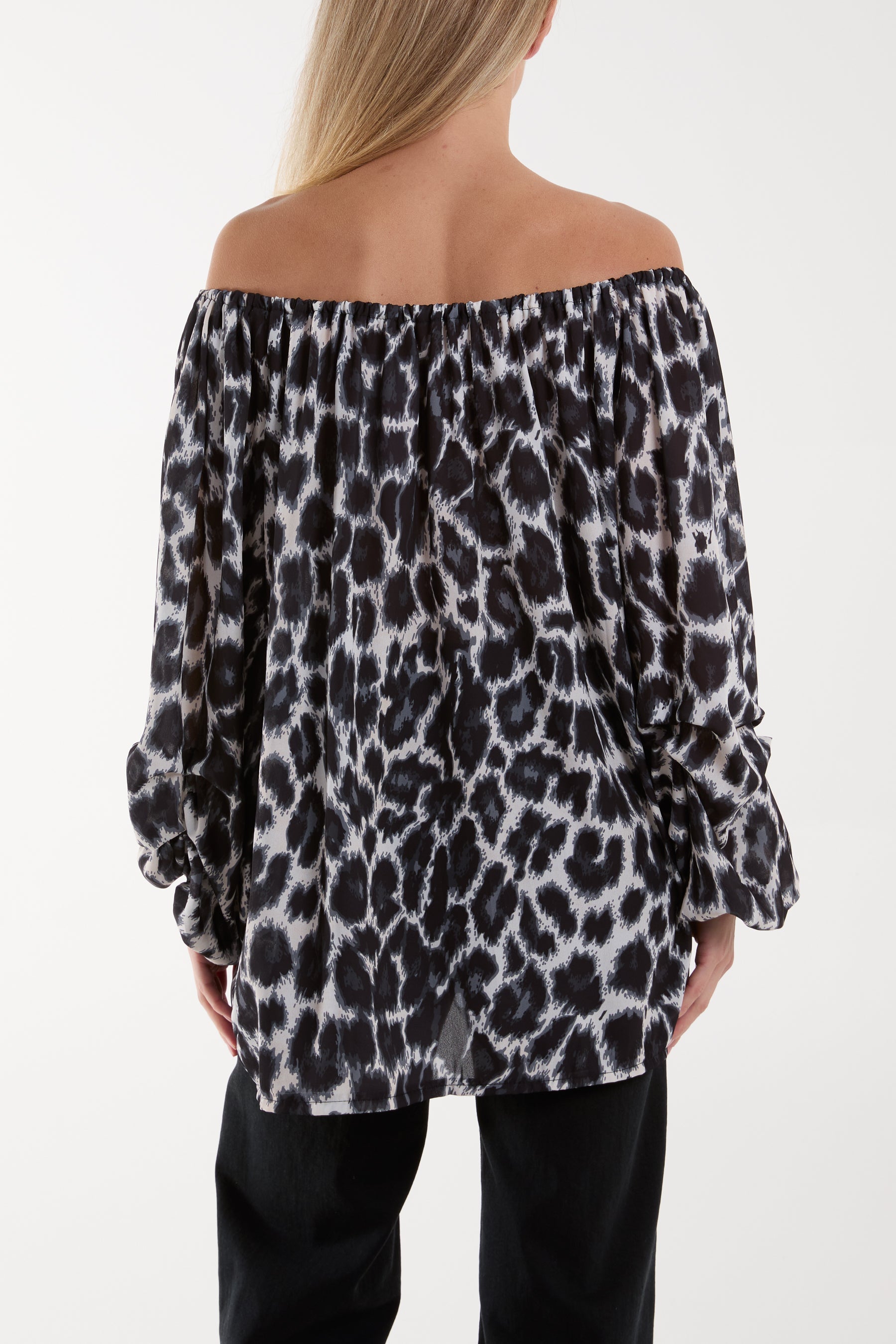 Light Blue Bardot Leopard Print Blouse For Women ONE SIZE - Dropwear