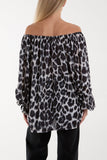 Light Blue Bardot Leopard Print Blouse For Women ONE SIZE - Dropwear