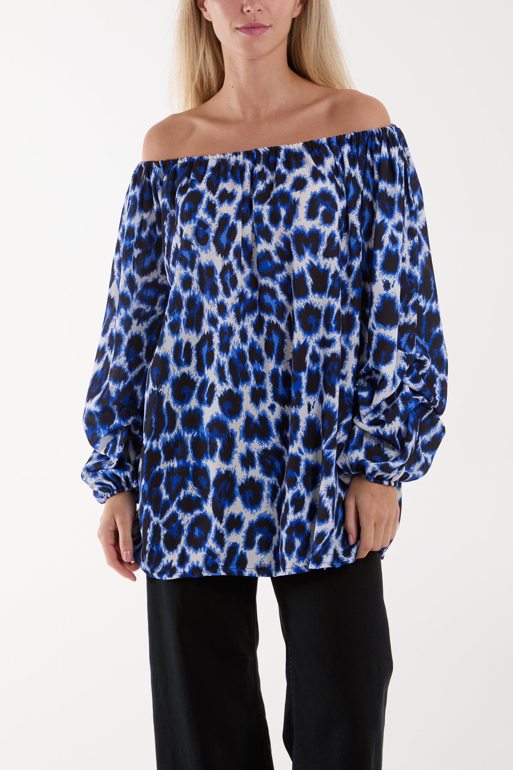Royal Blue Bardot Leopard Print Blouse For Women ONE SIZE - Dropwear