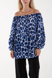 Royal Blue Bardot Leopard Print Blouse For Women ONE SIZE - Dropwear